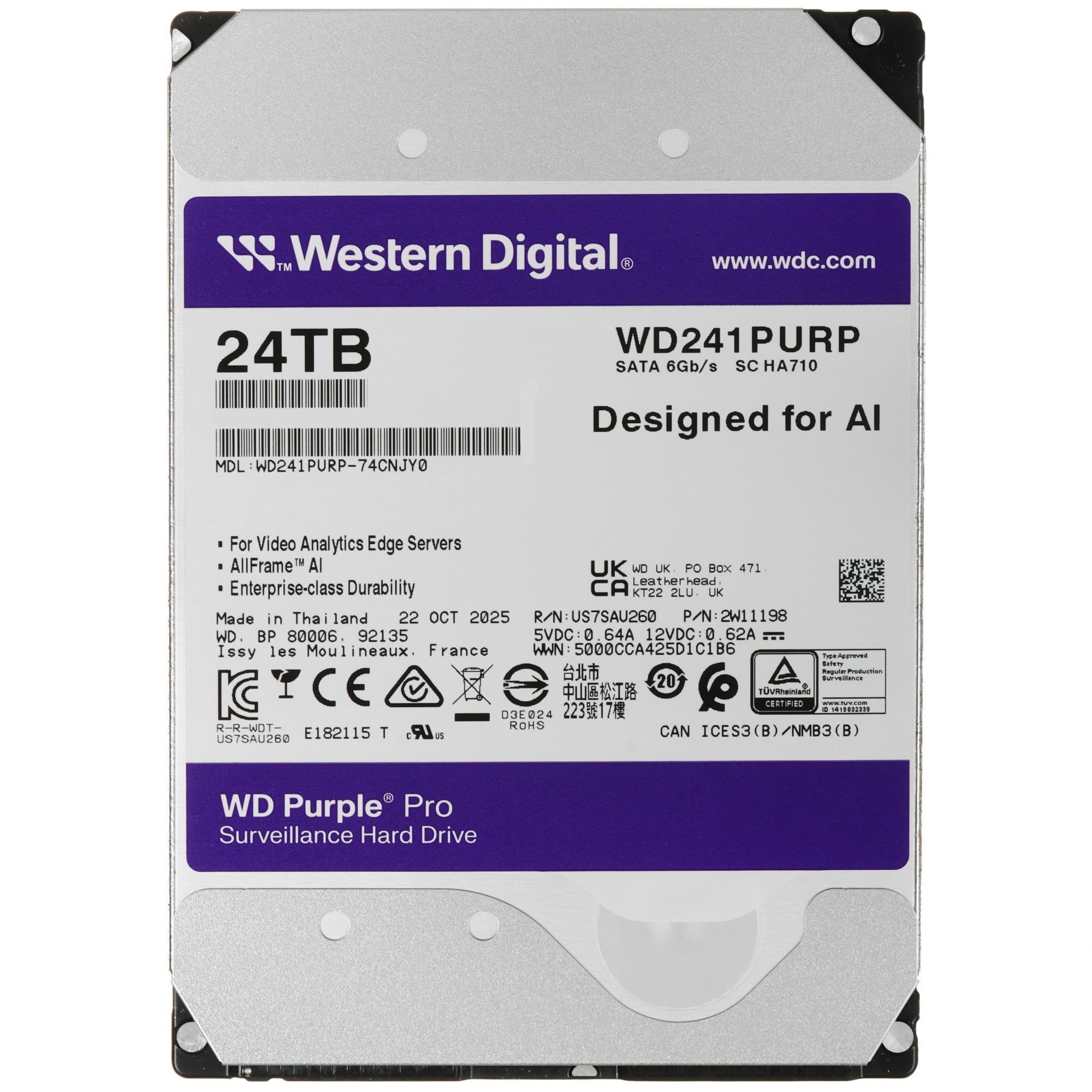 Жесткий диск WD SATA-III 24TB WD241PURP Purple Pro (7200rpm) 512Mb 3.5"
