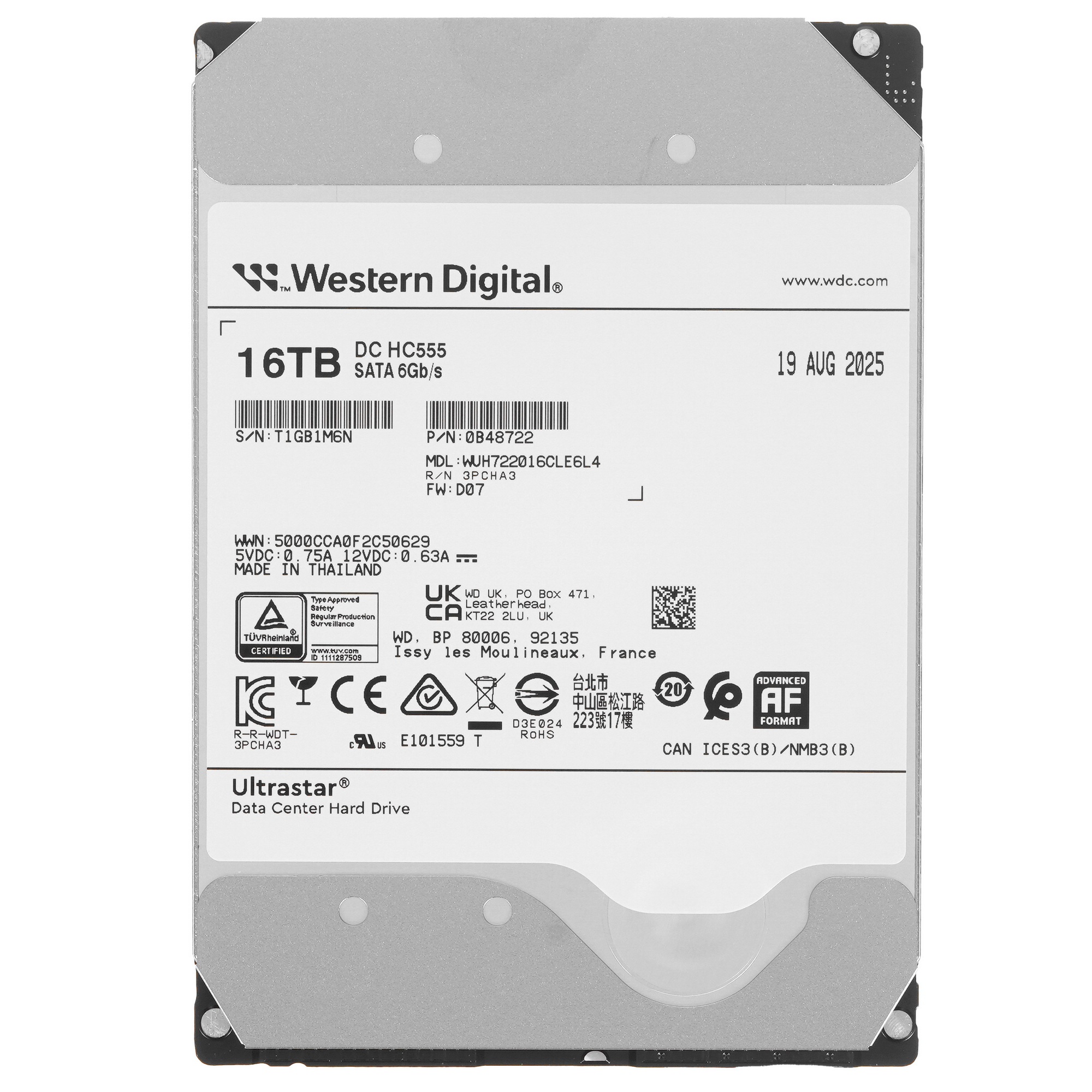 Серверный HDD WD Ultrastar DC HC555 16TB  (SAS 3.5"/7200/512Mb/12Gbs)