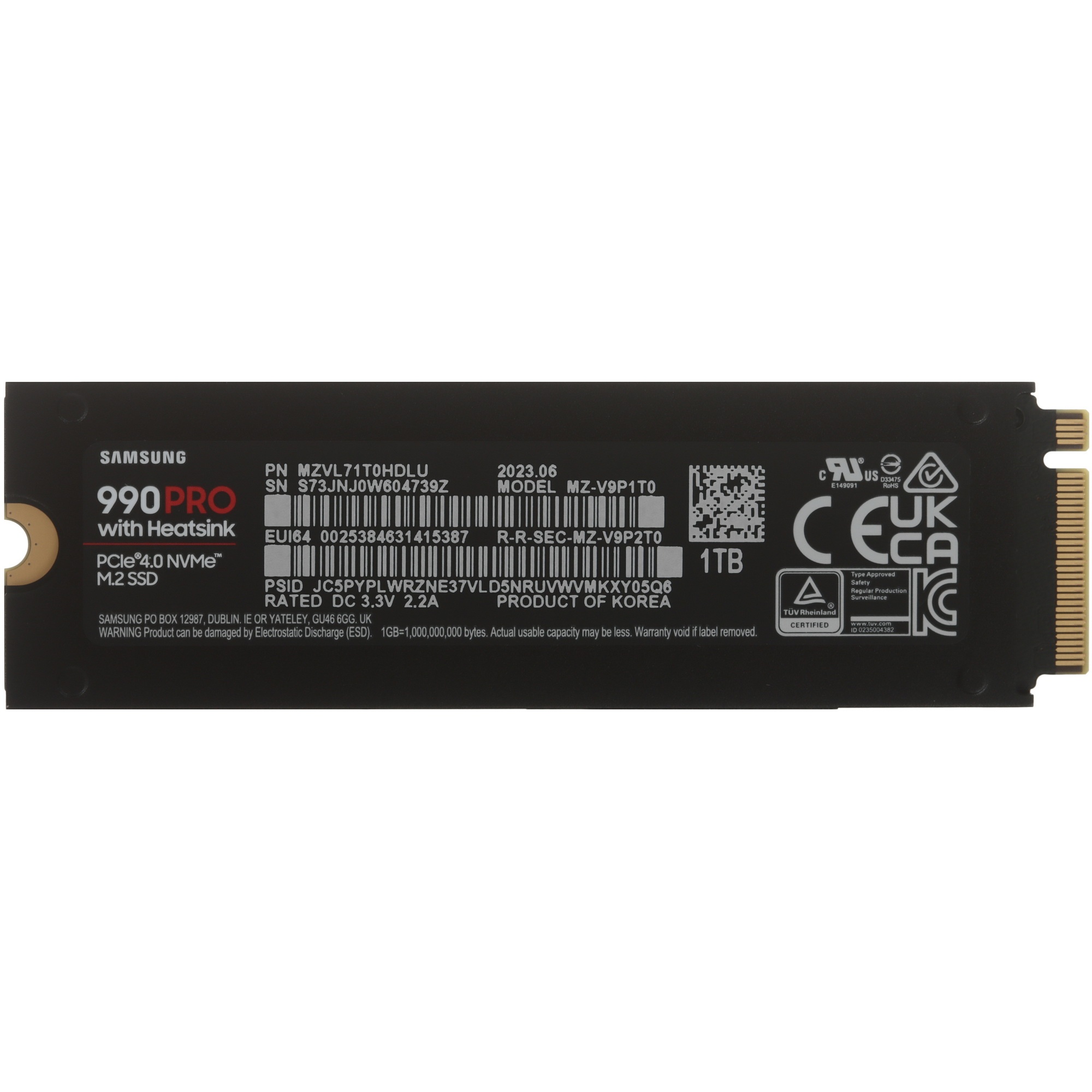 Накопитель SSD Samsung 990 PRO, 1000GB, PCIe 4.0 x4, M.2 2280, NVMe, R/W 7450/6900, с радиатором