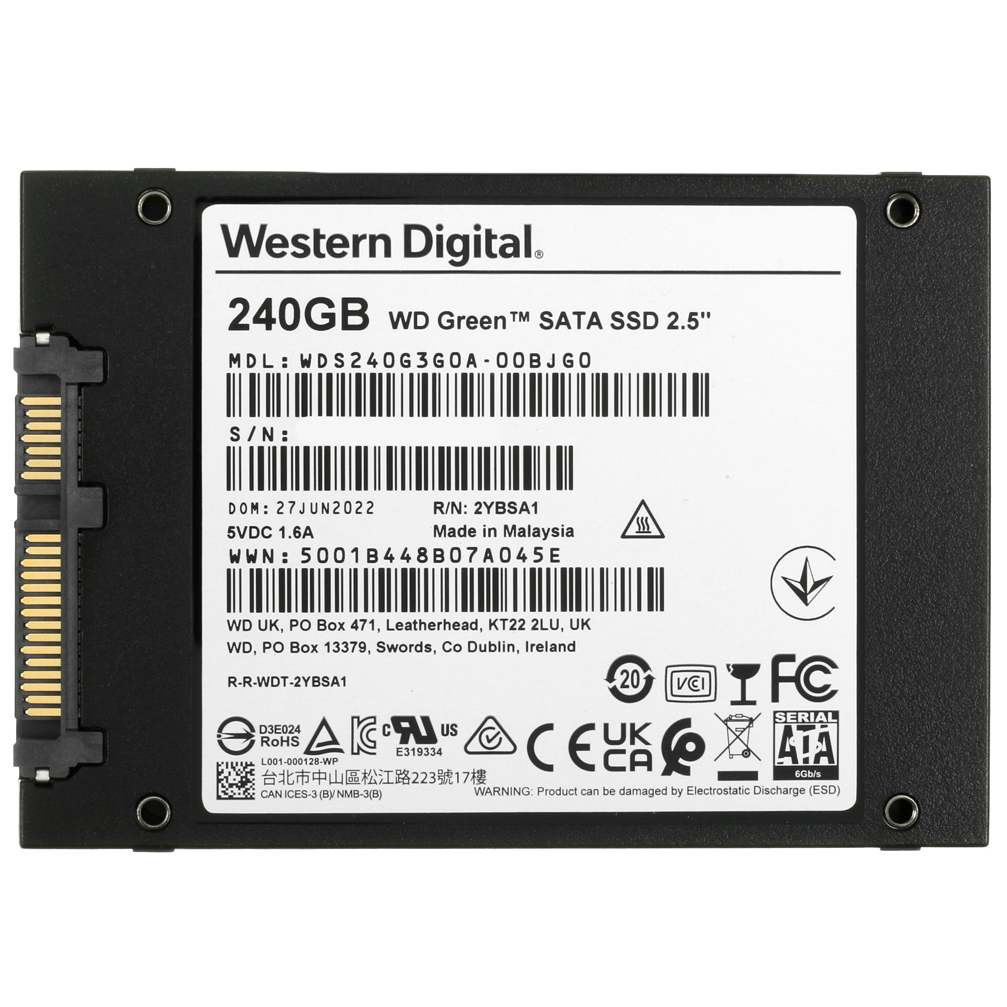 Накопитель SSD WD Green WDS240G3G0A, 240Gb, SATA III, 2.5", R/W 545/465