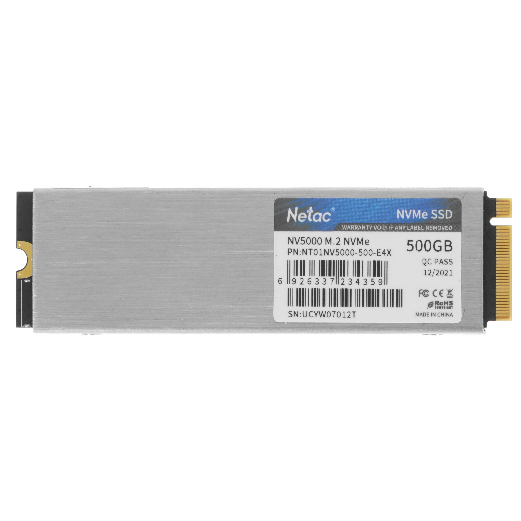Накопитель SSD Netac NV5000, 500GB, M.2 2280, PCIe 4.0 x4, NVMe, R/W 5000/2500, с радиатором
