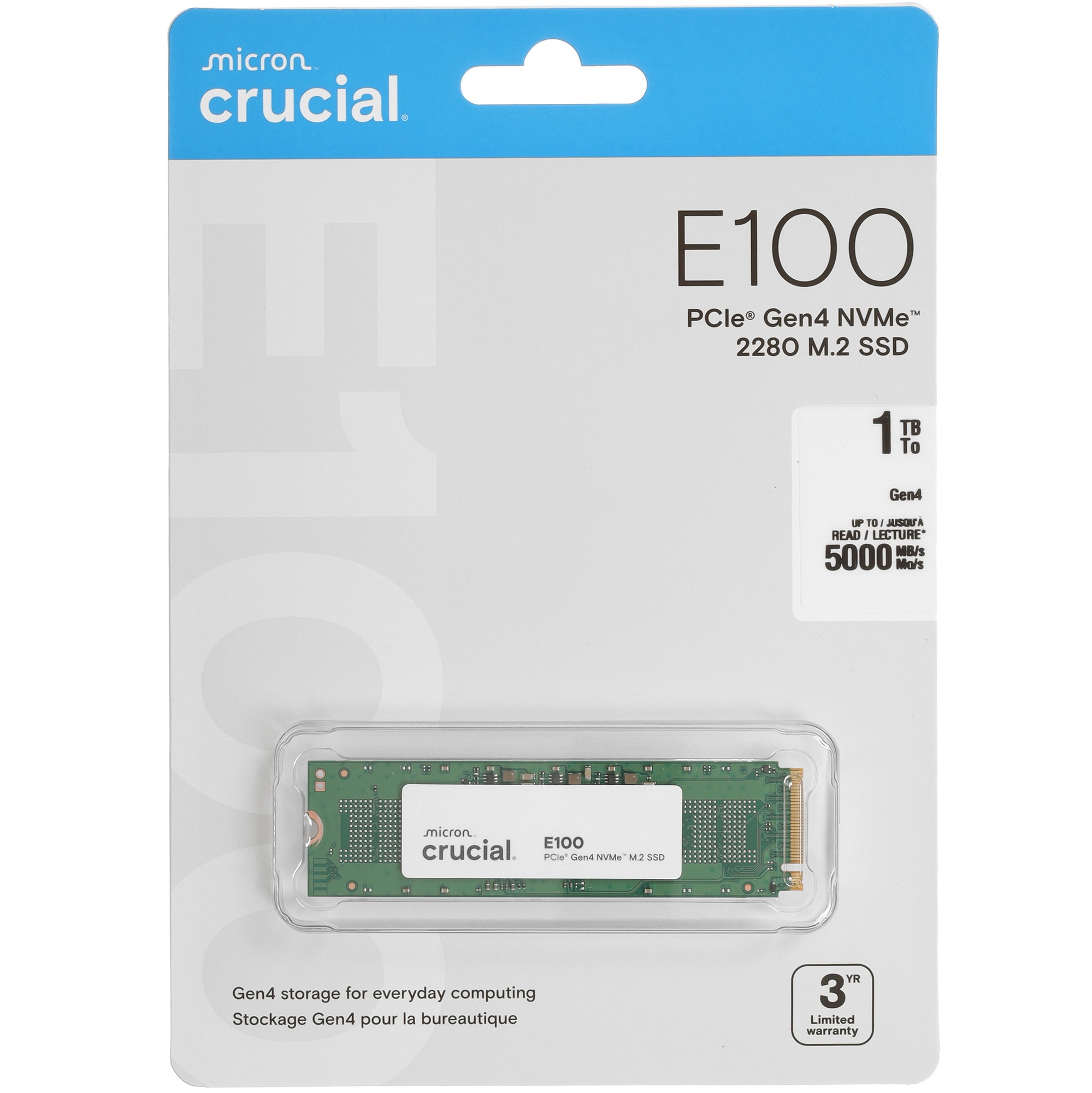 Накопитель SSD Crucial E100, 1Tb, PCIe 4.0 x4, M.2 2280, NVMe, R/W 5000/4500