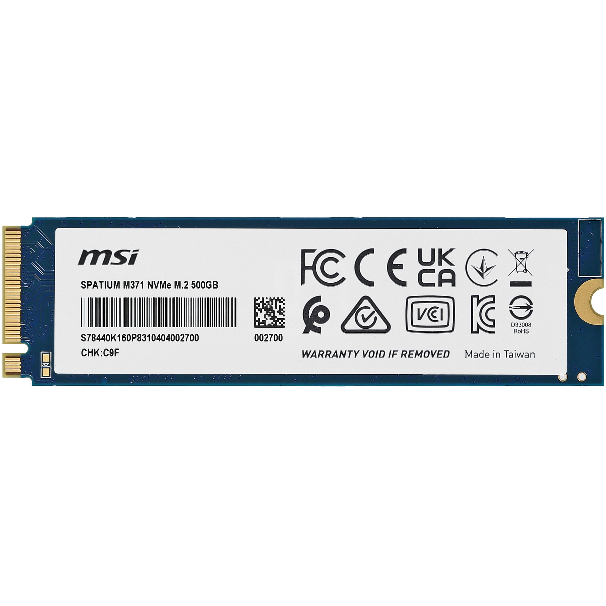 Накопитель SSD MSI 500GB SPATIUM M371 M.2(22x80mm), NVMe, PCIe 3.0 x4, 3D TLC, R/W 2200/1150, IOPs 6