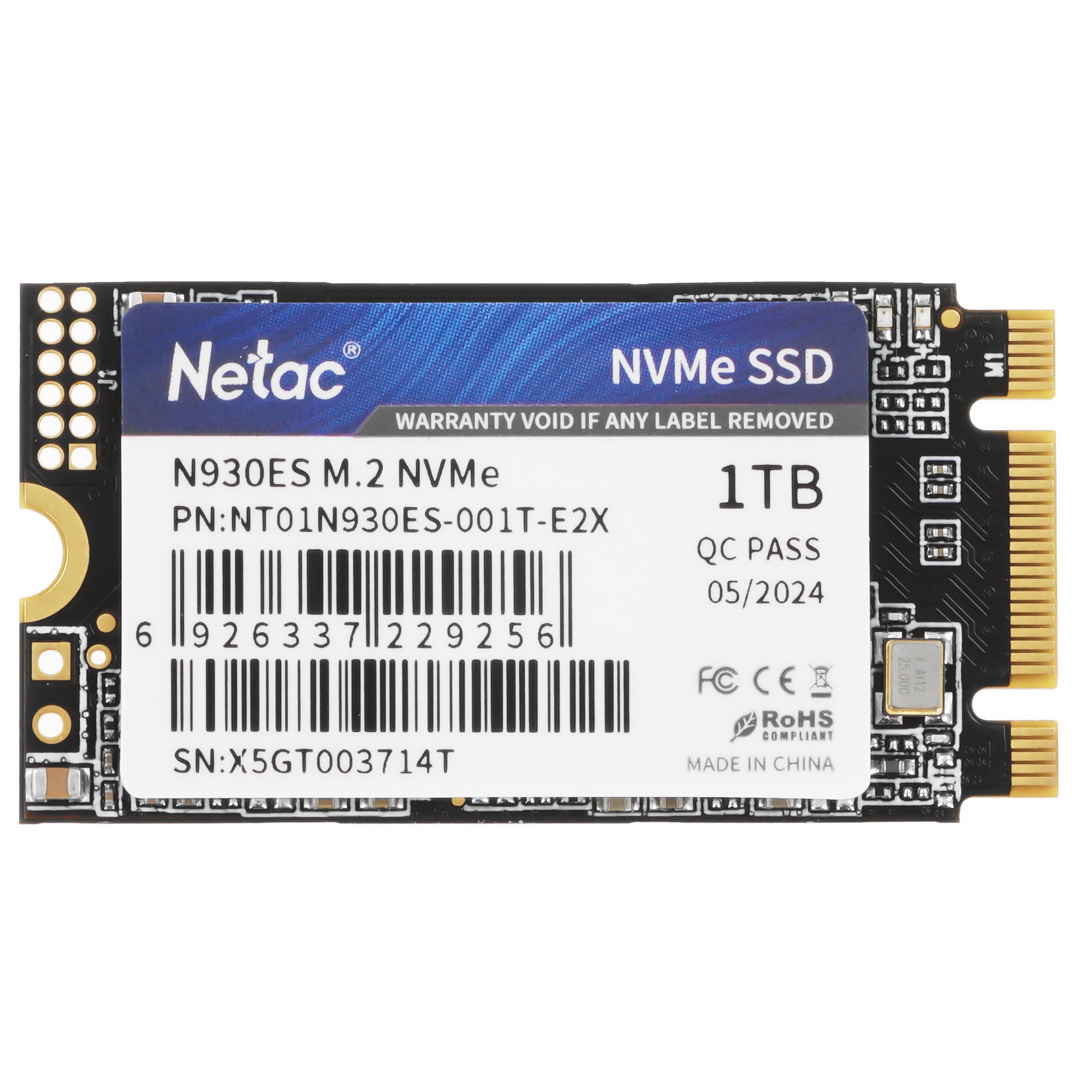 Накопитель SSD Netac N930ES, 1TB, PCIe 3.1 x2, M.2 2242, NVMe, R/W 1650/1500
