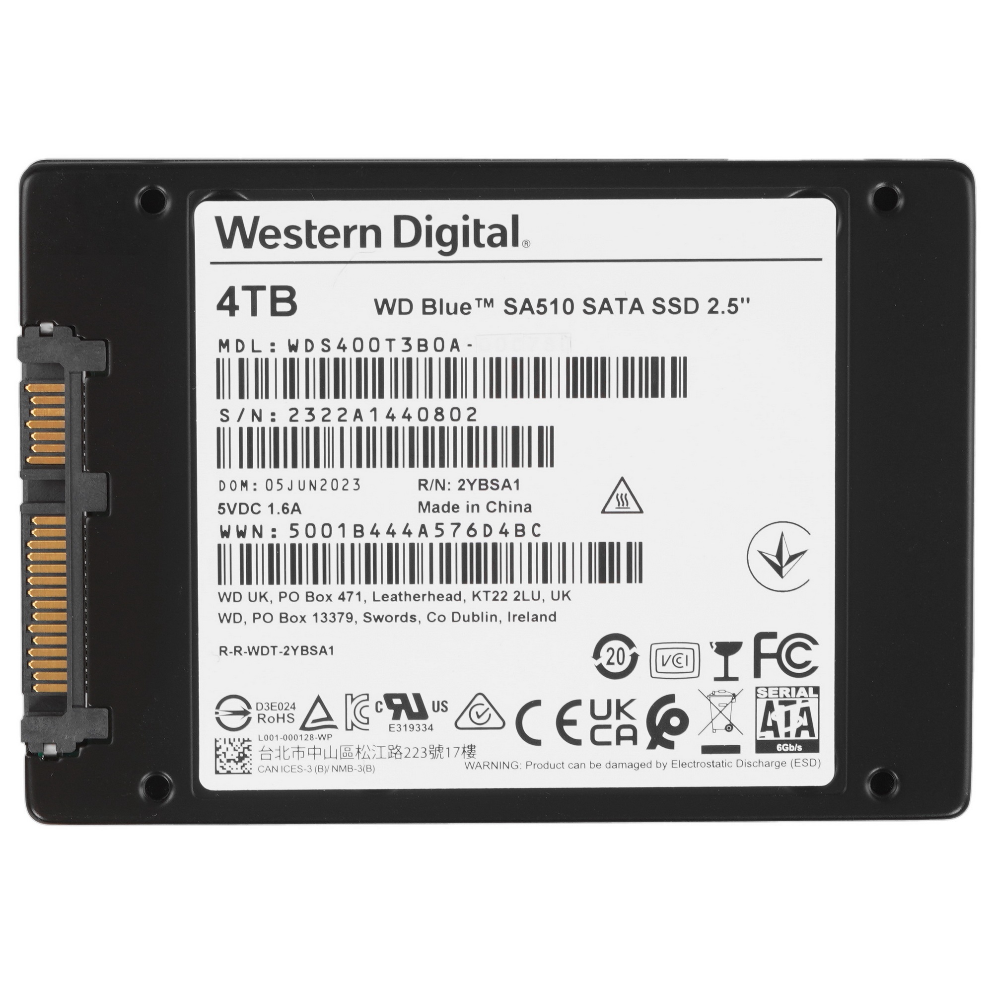 Накопитель SSD WD Blue SA510 WDS400T3B0A, 4000Gb, SATA III, 2.5", R/W 560/520