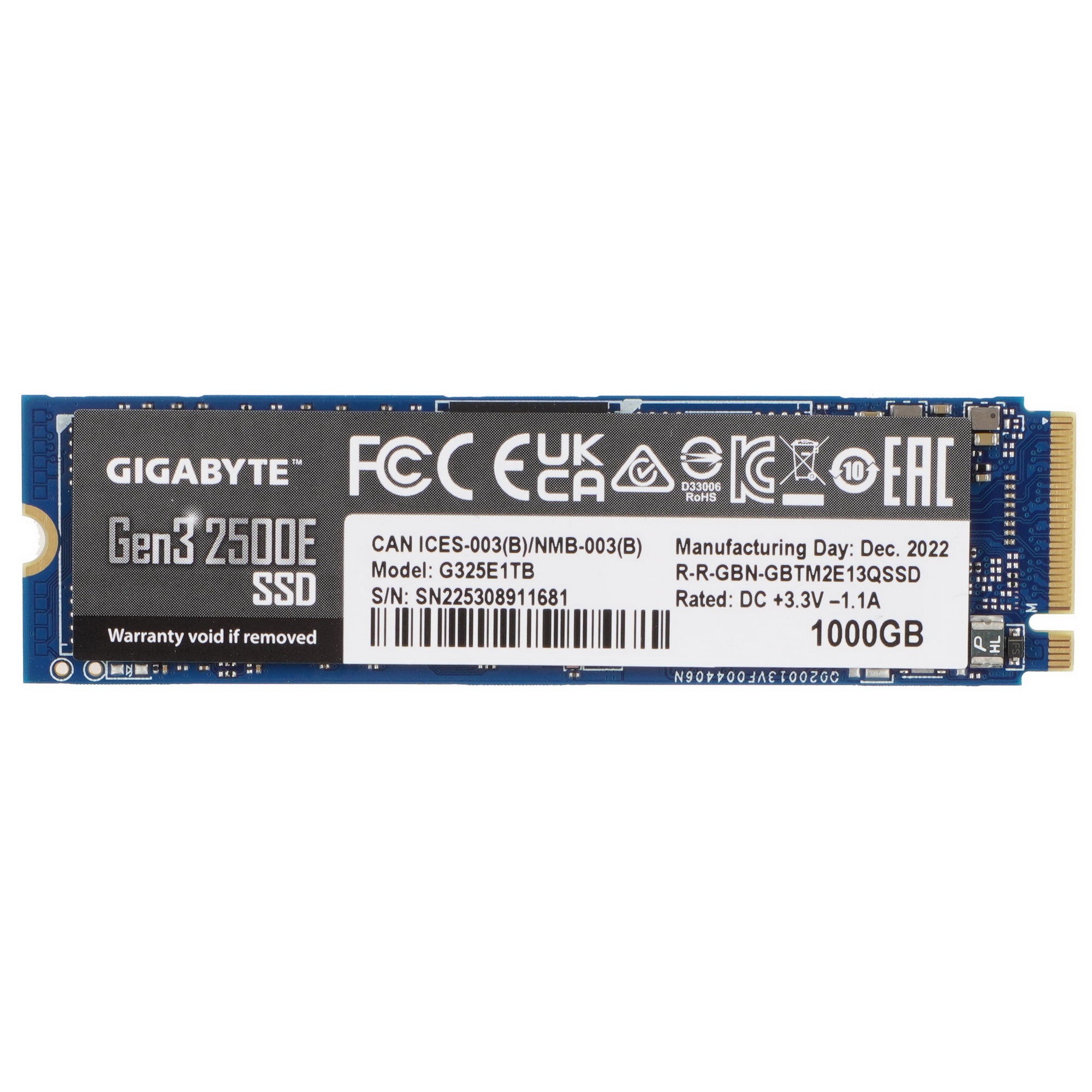 Накопитель SSD GIGABYTE AORUS Gen3 2500E, 1ТБ, M.2 2280, PCIe 3.0 x4, NVMe, R/W 2400/1800