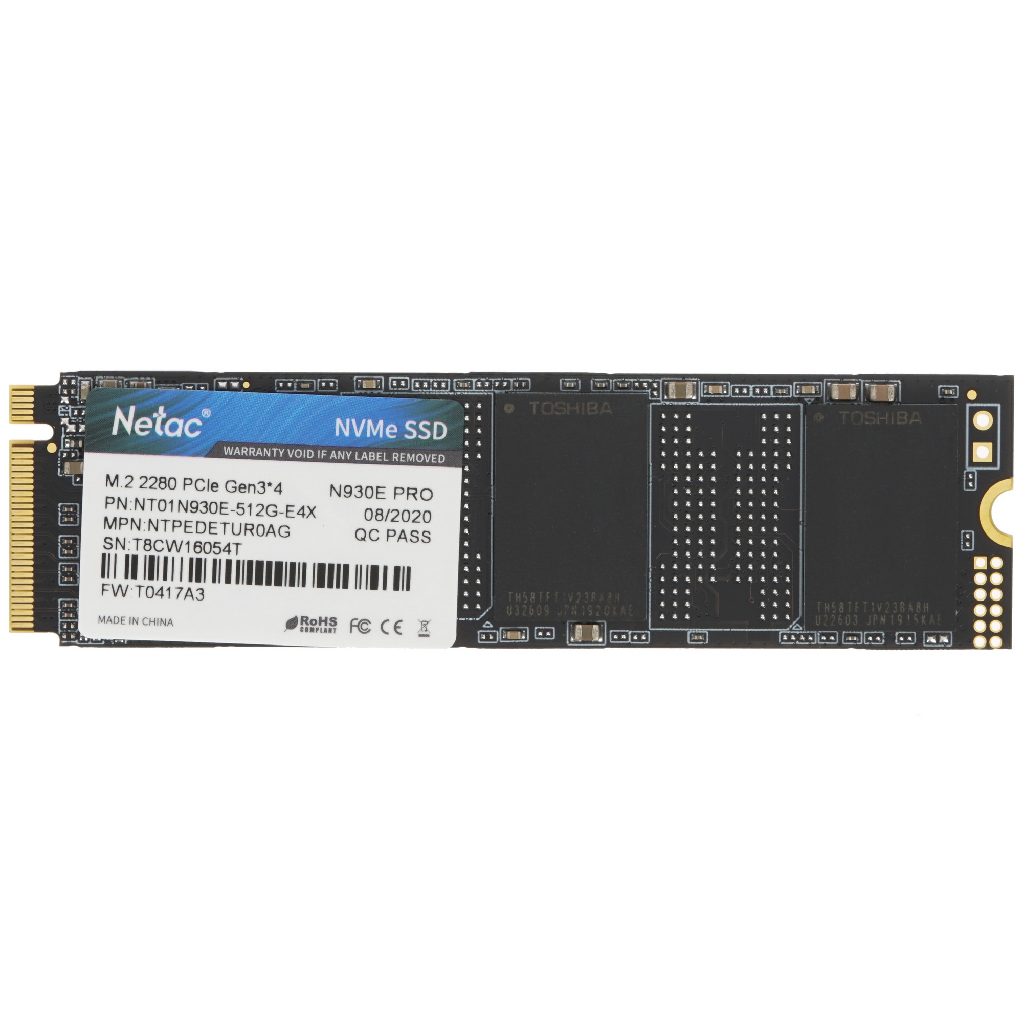 Накопитель SSD Netac N930E Pro, 512GB, PCIe 3.0 x4, M.2 2280, NVMe, R/W 2080/1700