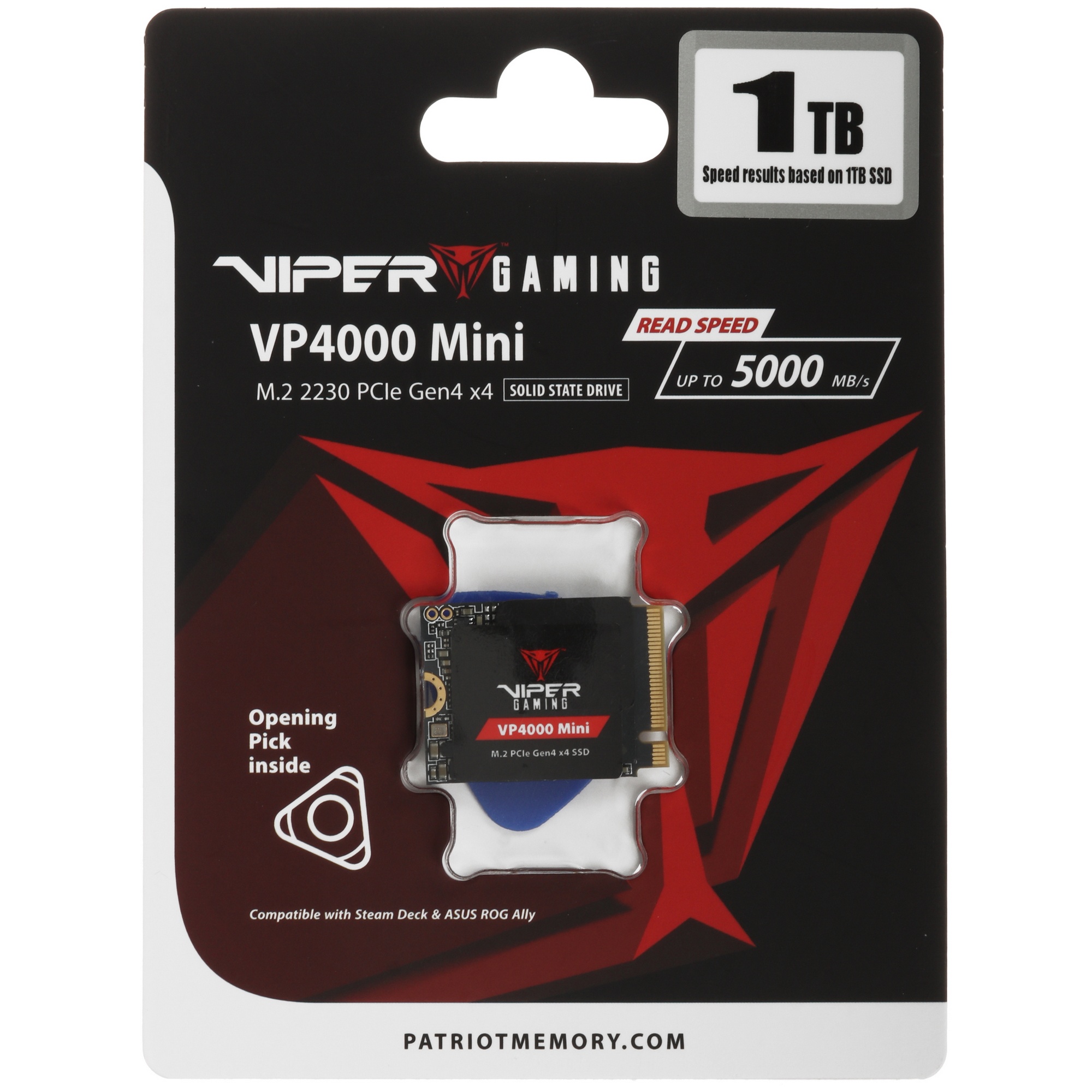 Накопитель SSD Patriot VP4000 Mini, 1Tb, PCIe 4.0 x4, M.2 2230, NVMe, R/W 5000/3500, с радиатором