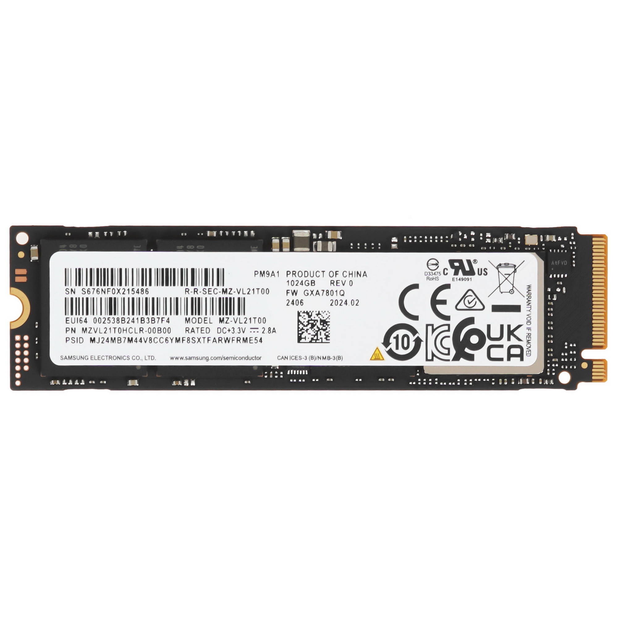 Накопитель SSD Samsung PM9A1, 1000ГБ, M.2 2280, PCIe 4.0 x4, NVMe, R/W 7000/5100