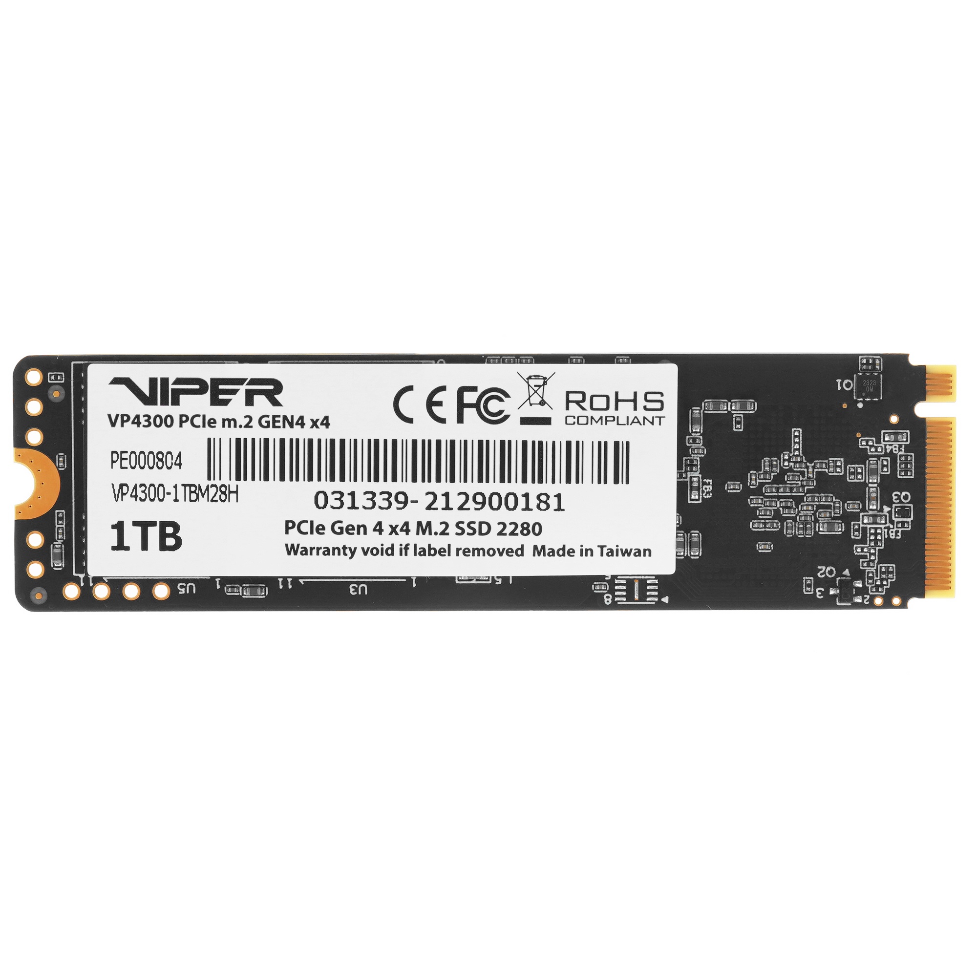 Накопитель SSD Patriot Viper VP4300, 1Tb, PCIe 4.0 x4, M.2 2280, NVMe, R/W 7400/5500, с радиатором