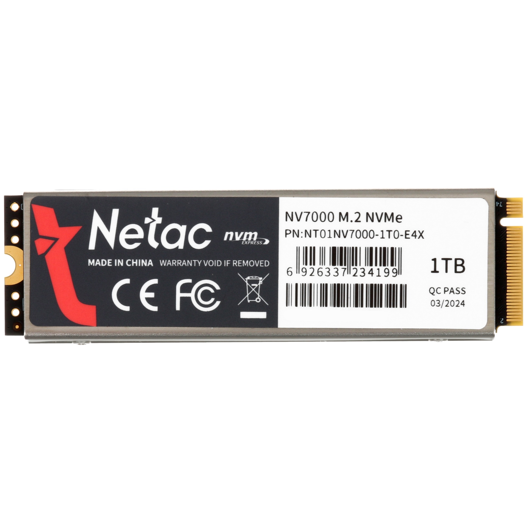 Накопитель SSD Netac NV7000, 1Tb, M.2 2280, PCIe 4.0 x4, NVMe, R/W 7200/5500, с радиатором