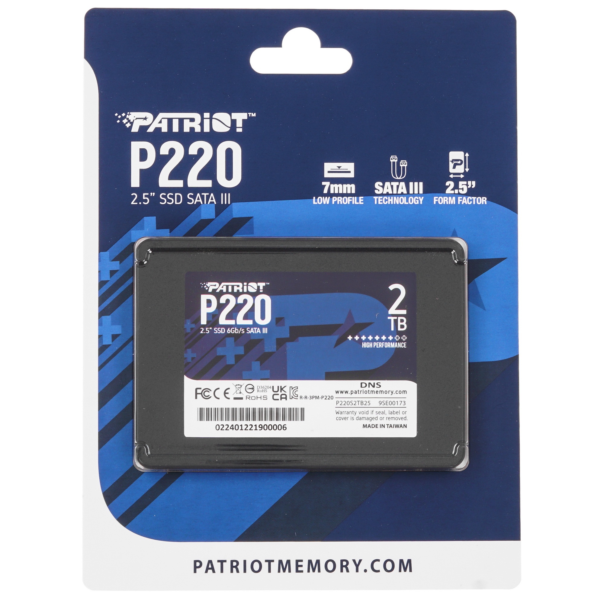 Накопитель SSD Patriot P220, 2TB, SATA III, 2.5", R/W 550/500