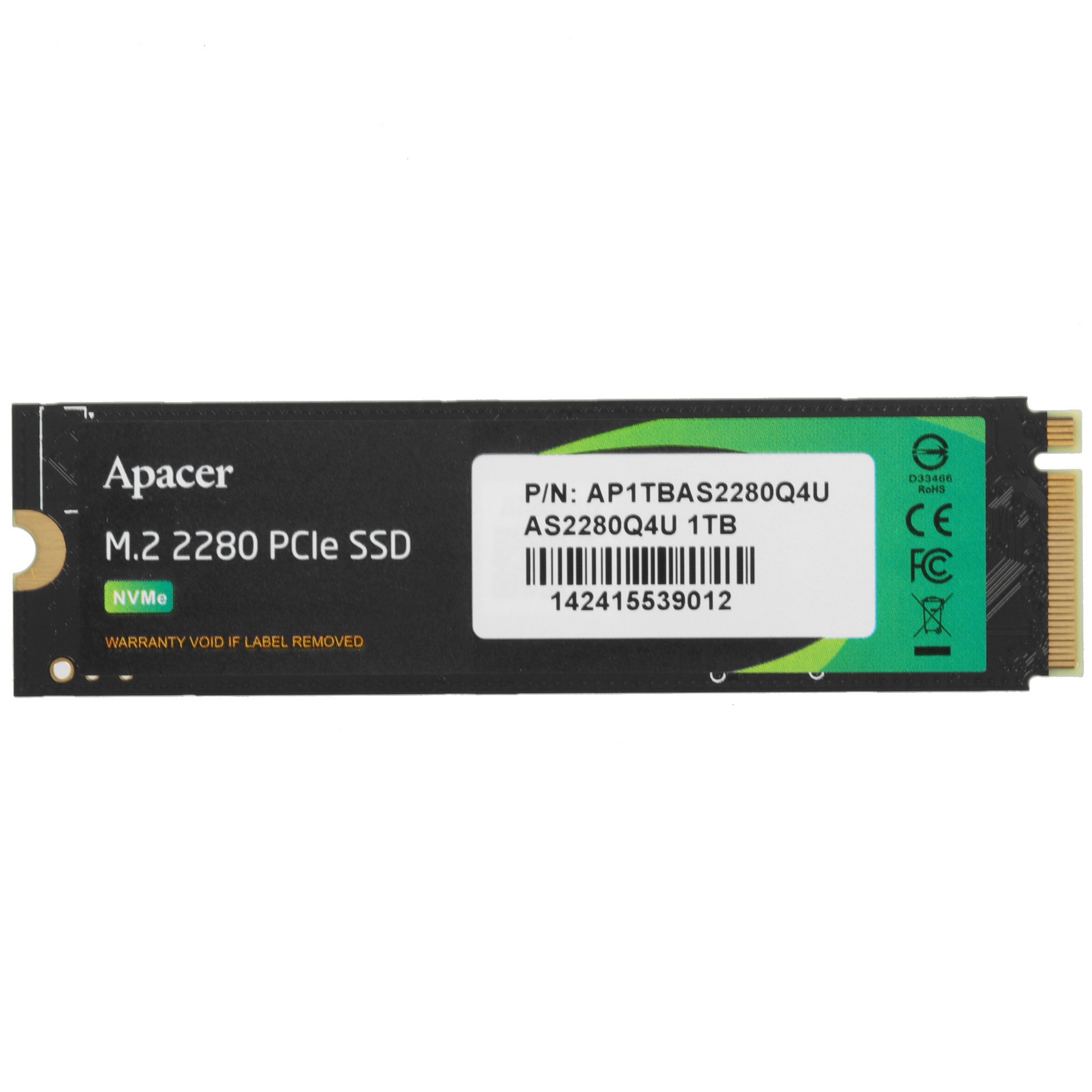 Накопитель SSD Apacer AS2280Q4U, 1Tb, M.2 2280, PCIe 4.0 x4, NVMe, R/W 7300/6000, с радиатором