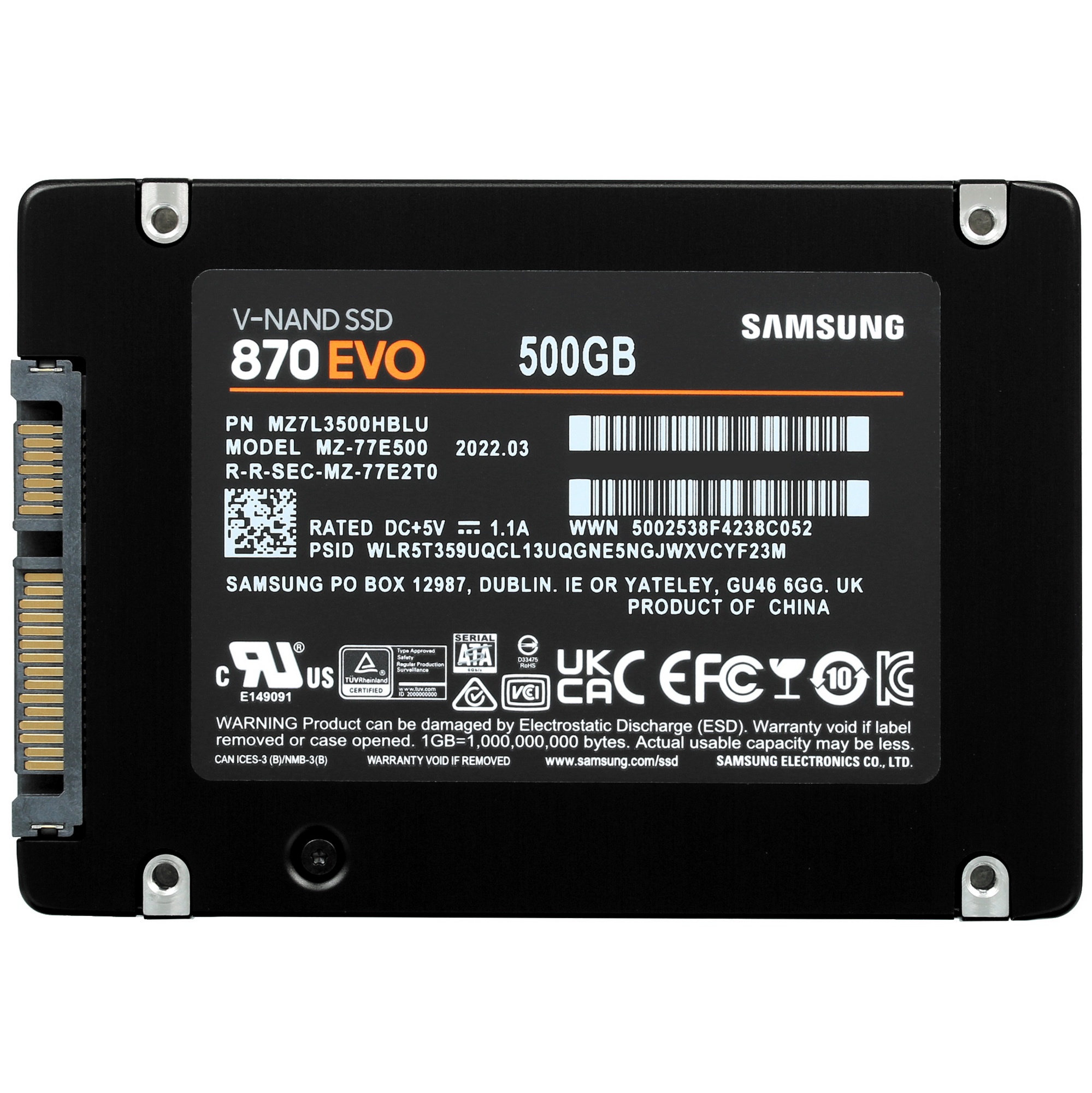 Накопитель SSD Samsung 500Gb 870 EVO MZ-77E500B/EU (SATA3)