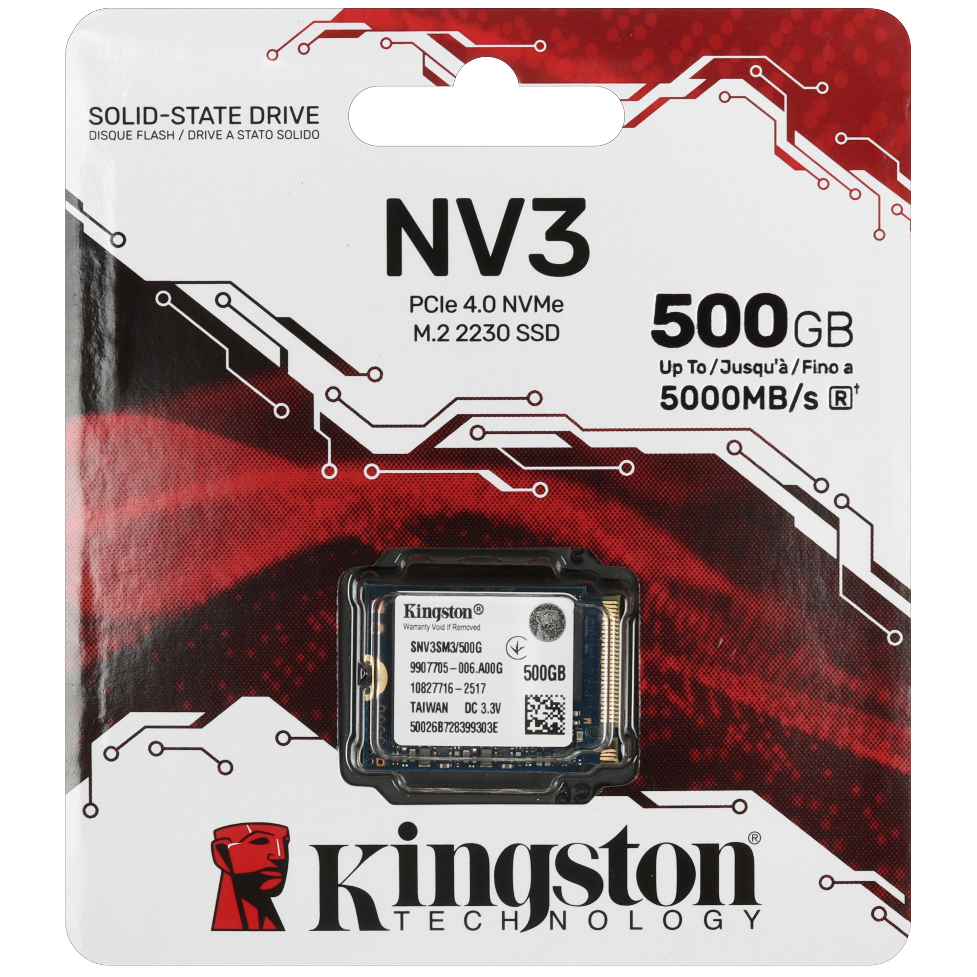 Твердотельный накопитель Kingston SSD NV3, 500GB, M.2(22x30mm), NVMe, PCIe 4.0 x4, 3D TLC, R/W 5000/