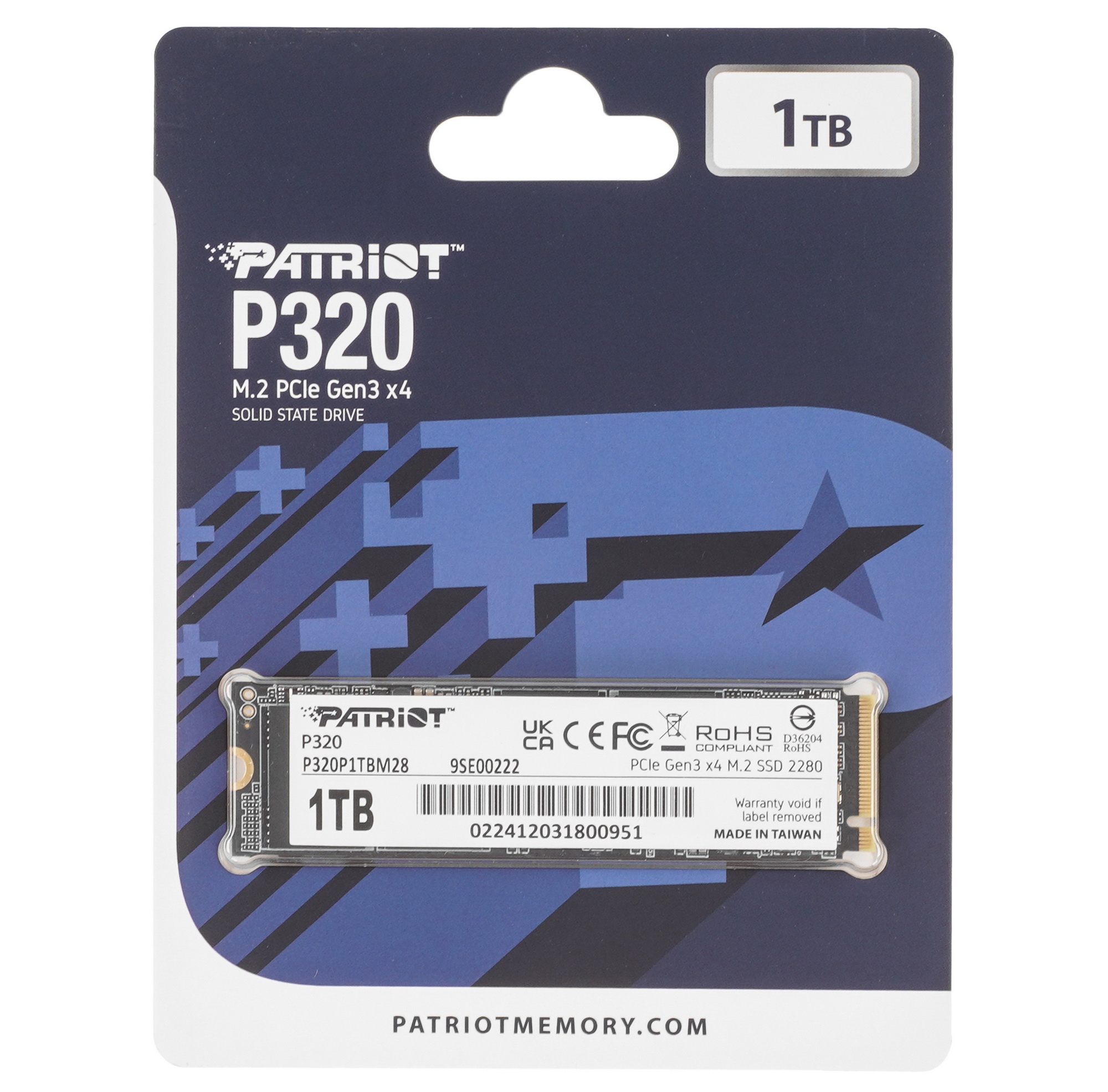 Накопитель SSD Patriot P320, 1Tb, PCIe 3.0 x4, M.2 2280, NVMe, R/W 3000/2200