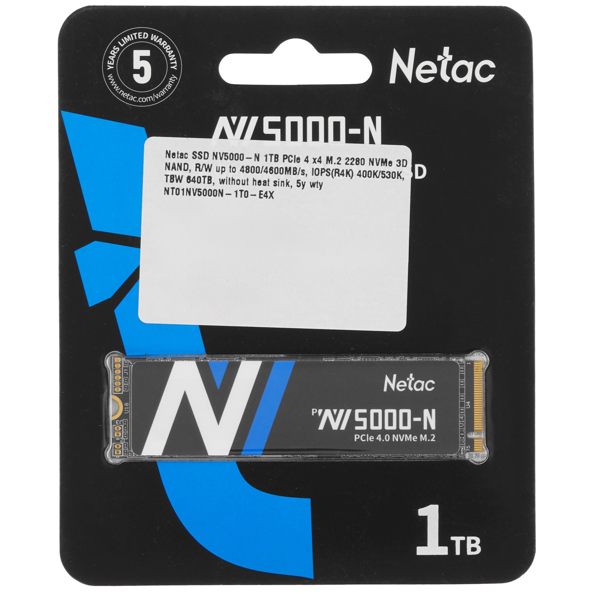 Накопитель SSD Netac NV5000-N, 1Tb, M.2 2280, PCIe 4.0 x4, NVMe, R/W 4800/4600, с радиатором