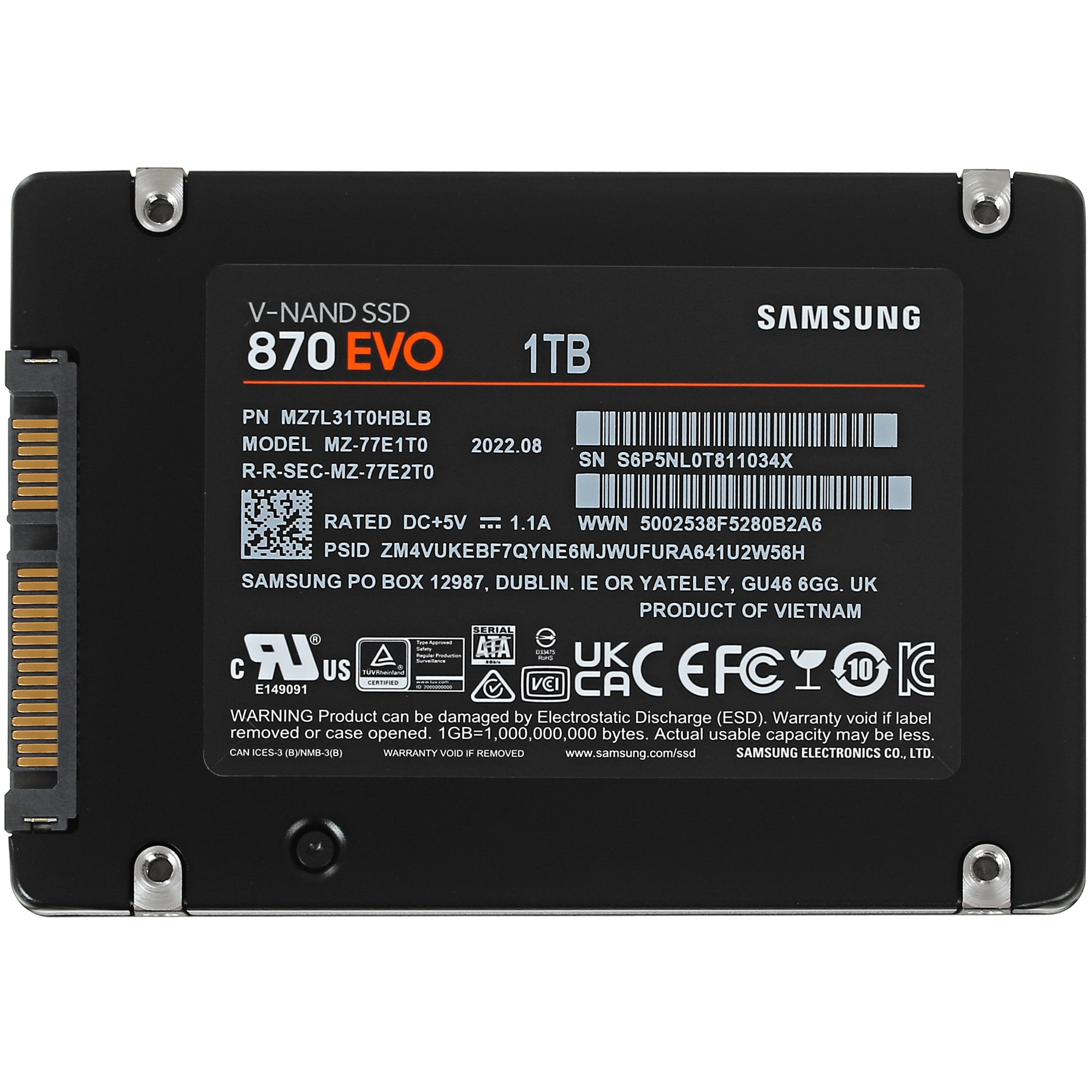 Накопитель SSD Samsung 870 EVO, 1TB, SATA III, 2.5", R/W 560/530