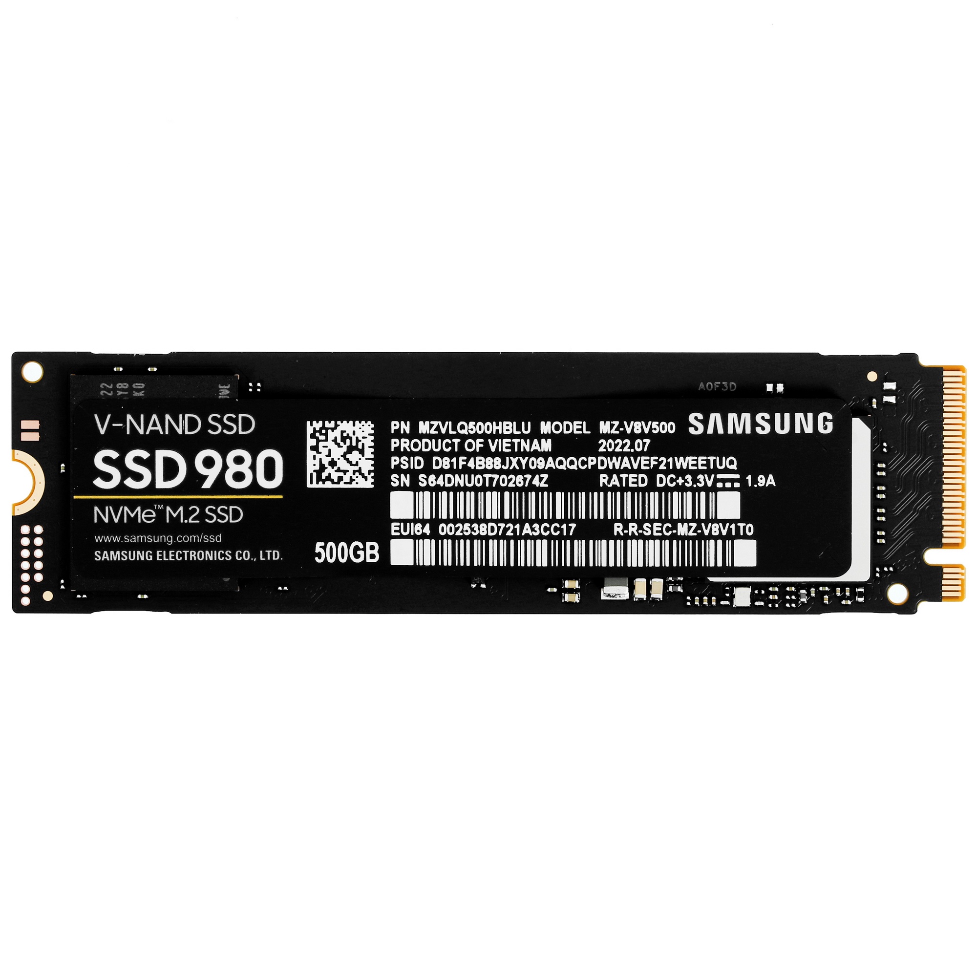 Накопитель SSD Samsung 980 MZ-V8V500BW, 500Gb, PCIe 3.0 x4, M.2 2280, NVMe, R/W 3100/2600