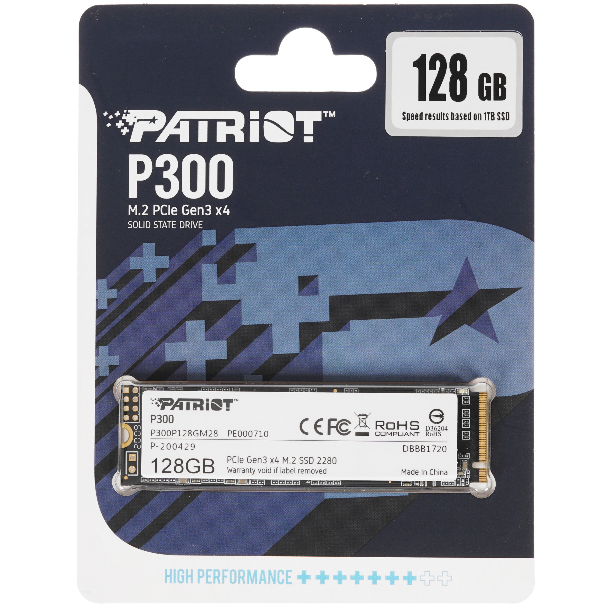 Накопитель SSD Patriot P300, 128GB, PCIe 3.0 x4, M.2 2280, NVMe, R/W 1600/600