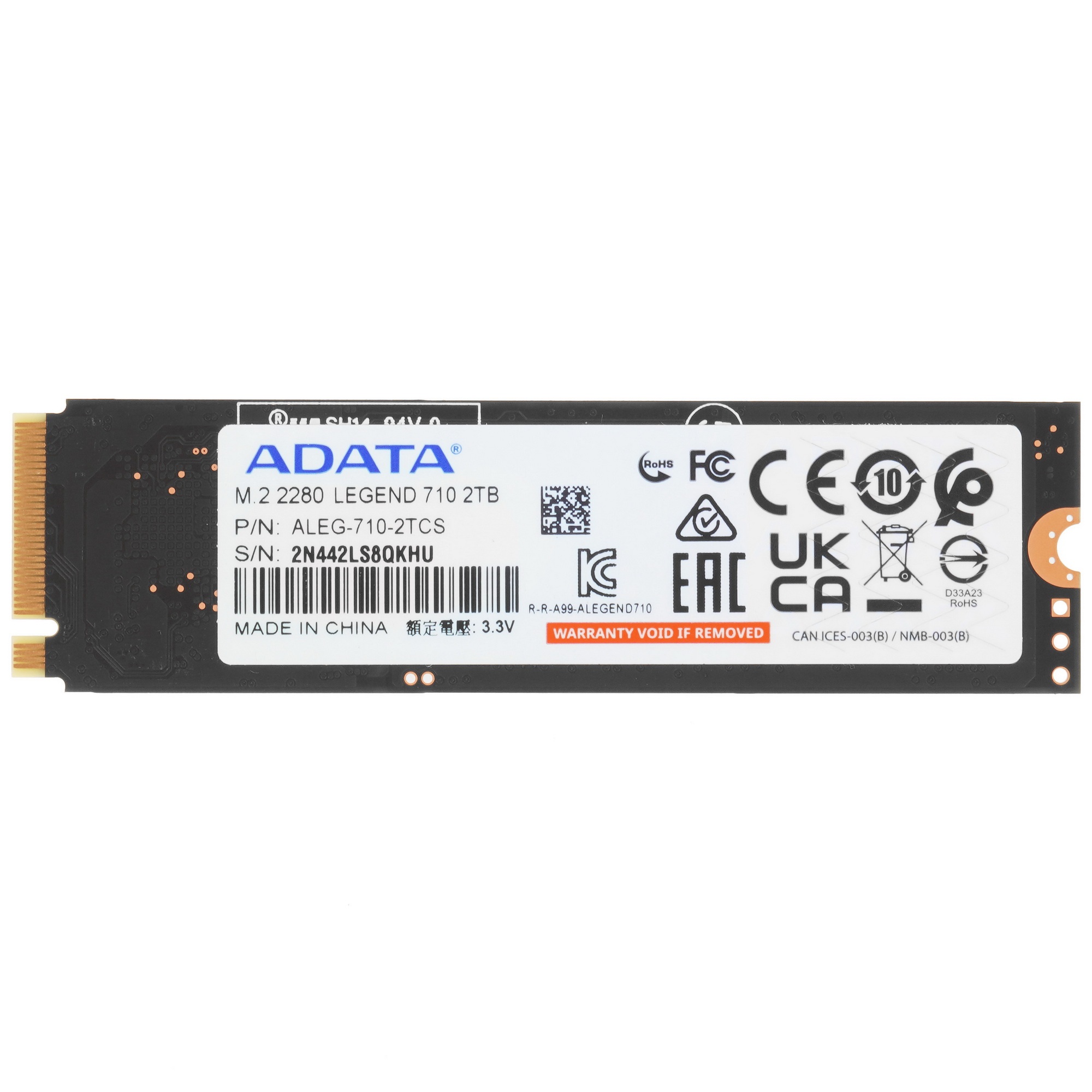 Накопитель SSD ADATA LEGEND 710, 2Tb, PCIe 3.0 x4, M.2 2280, NVMe, R/W 2400/1800, с радиатором