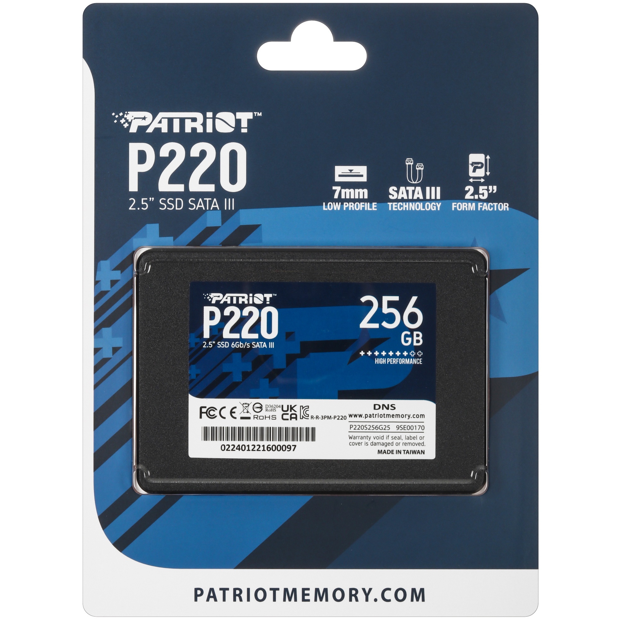 Накопитель SSD Patriot P220, 256GB, SATA-III, 2.5", R/W 550/490