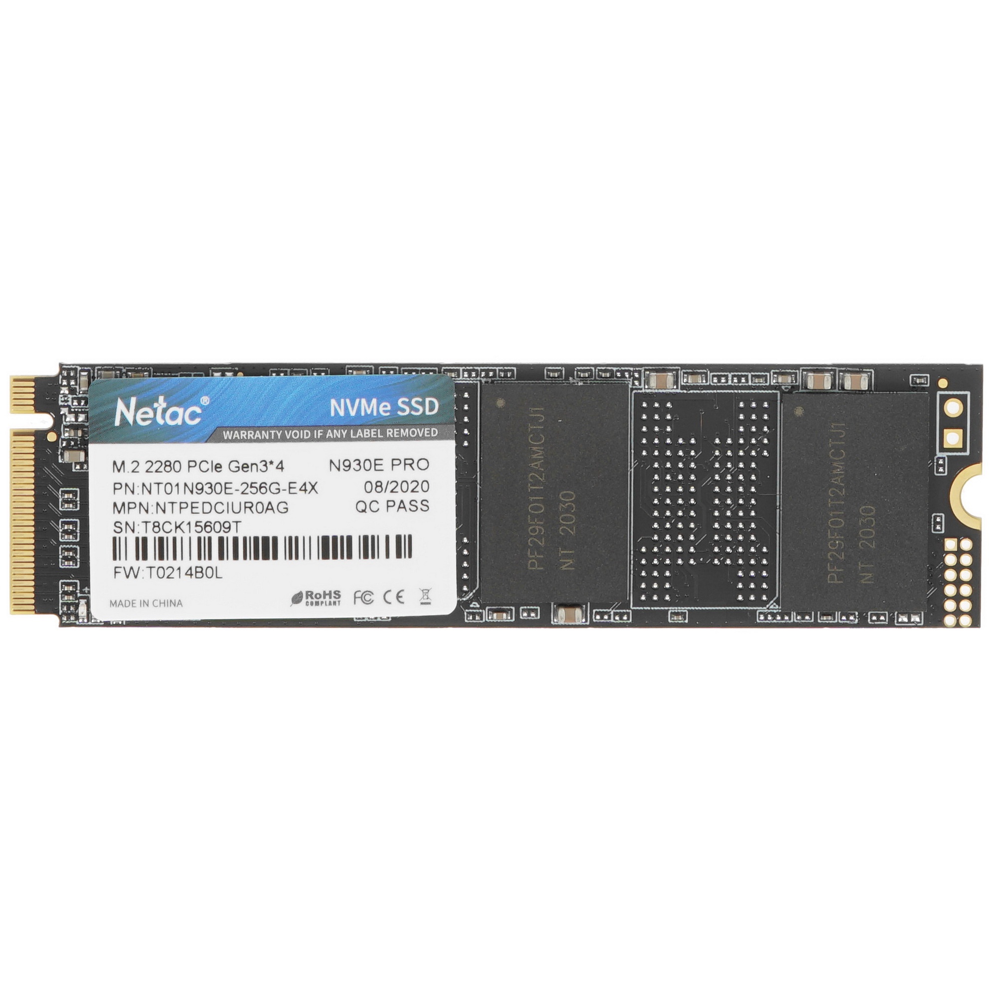 Накопитель SSD Netac N930E Pro, 256GB, PCIe 3.1 x4, M.2 2280, NVMe, R/W 2040/1270