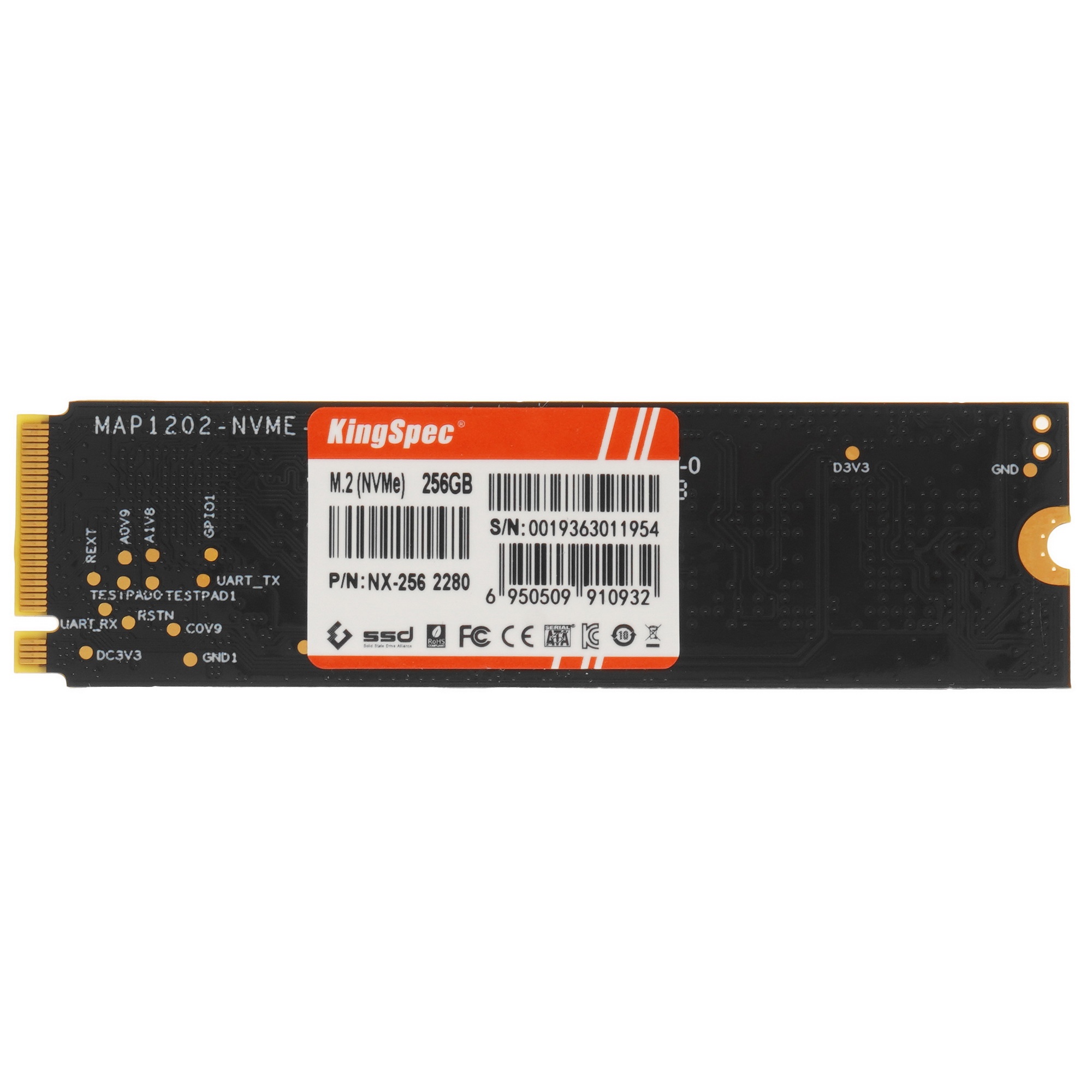 Накопитель SSD KingSpec NX-256, 256GB, PCIe 3.0 x4, M.2 2280, NVMe, R/W 3400/3100