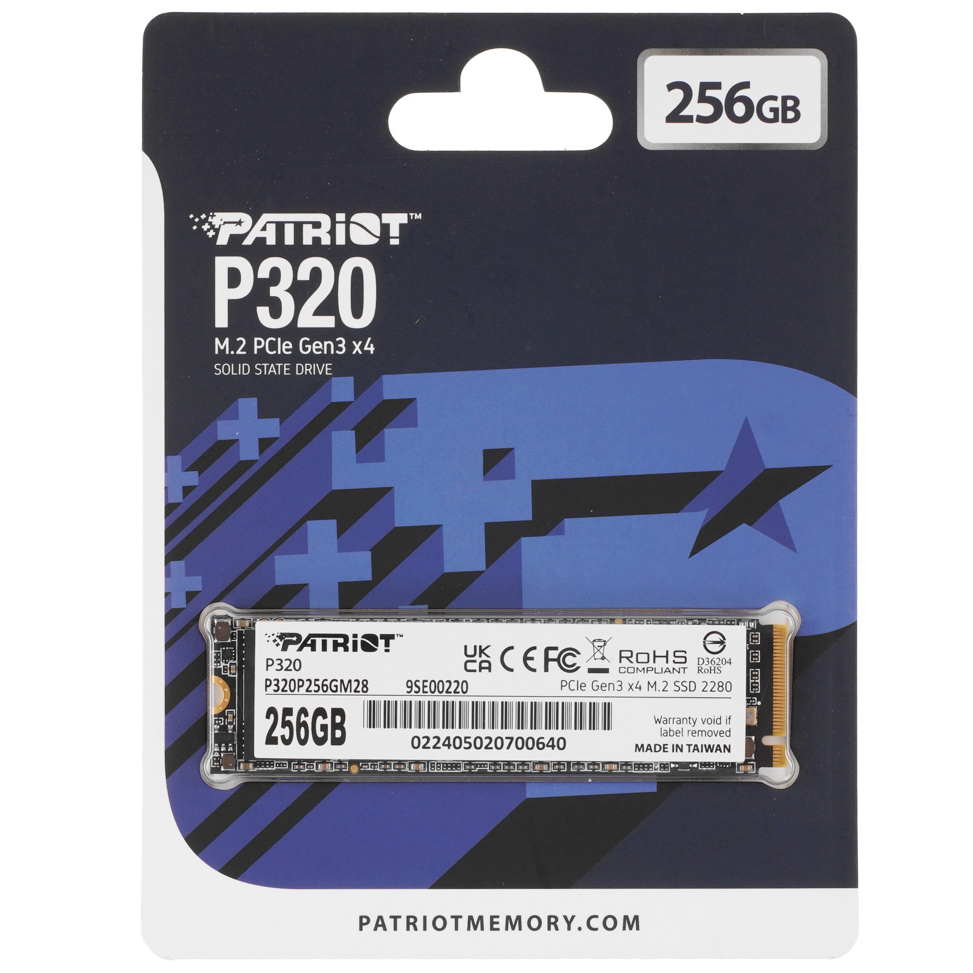 Накопитель SSD Patriot P320, 256GB, PCIe 3.0 x4, M.2 2280, NVMe, R/W 2200/1200
