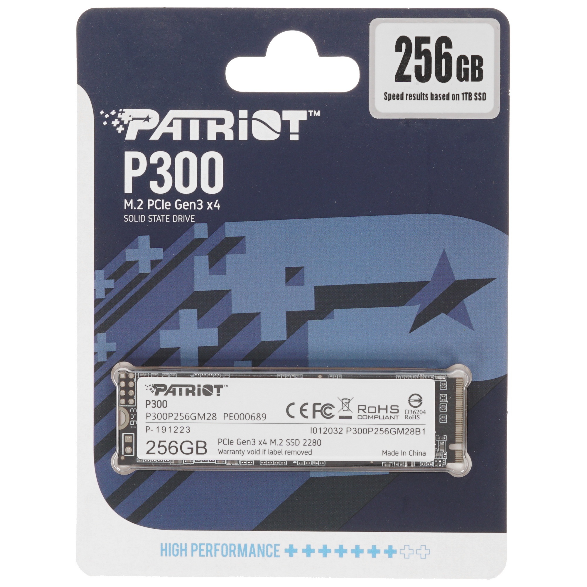 Накопитель SSD Patriot P300, 256GB, PCIe 3.0 x4, M.2 2280, NVMe, R/W 1700/1100