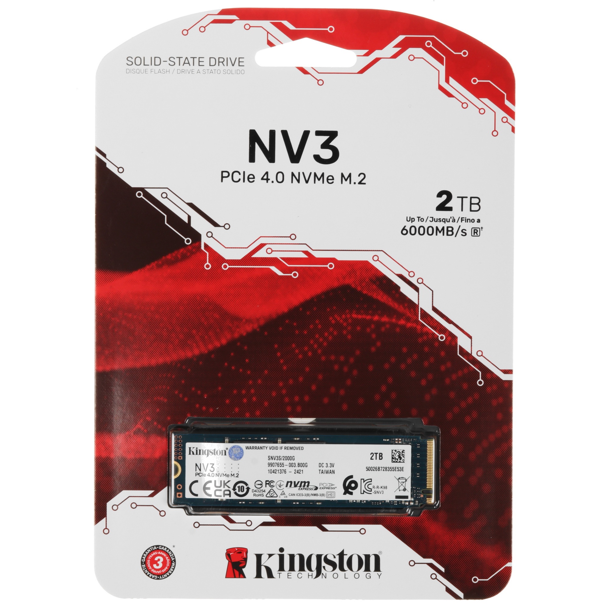 Накопитель SSD Kingston NV3, 2000GB, M.2 2280, PCIe 4.0 x4, NVMe, R/W 6000/5000