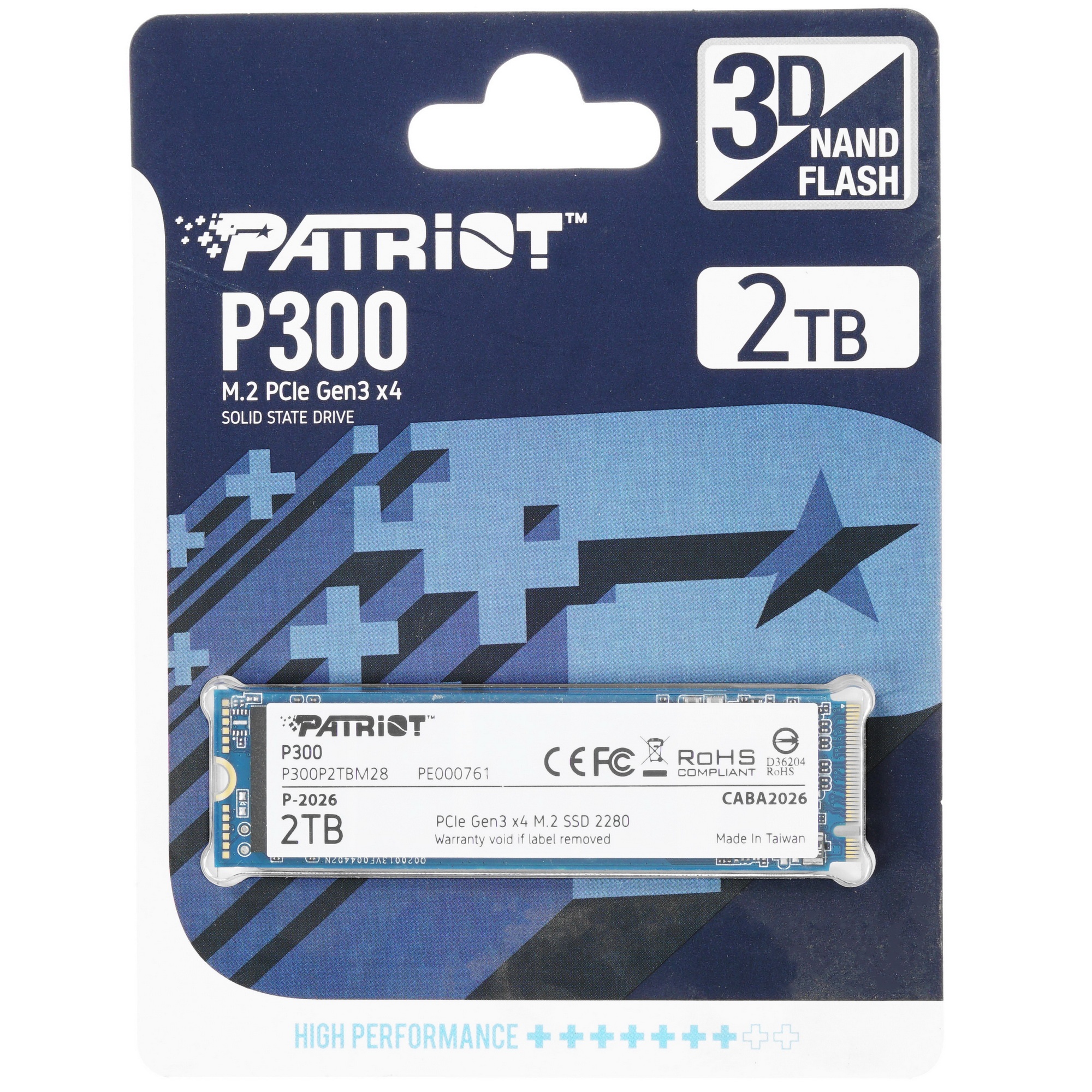 Накопитель SSD Patriot P300, 2TB, PCIe 3.0 x4, M.2 2280, NVMe, R/W 2100/1650