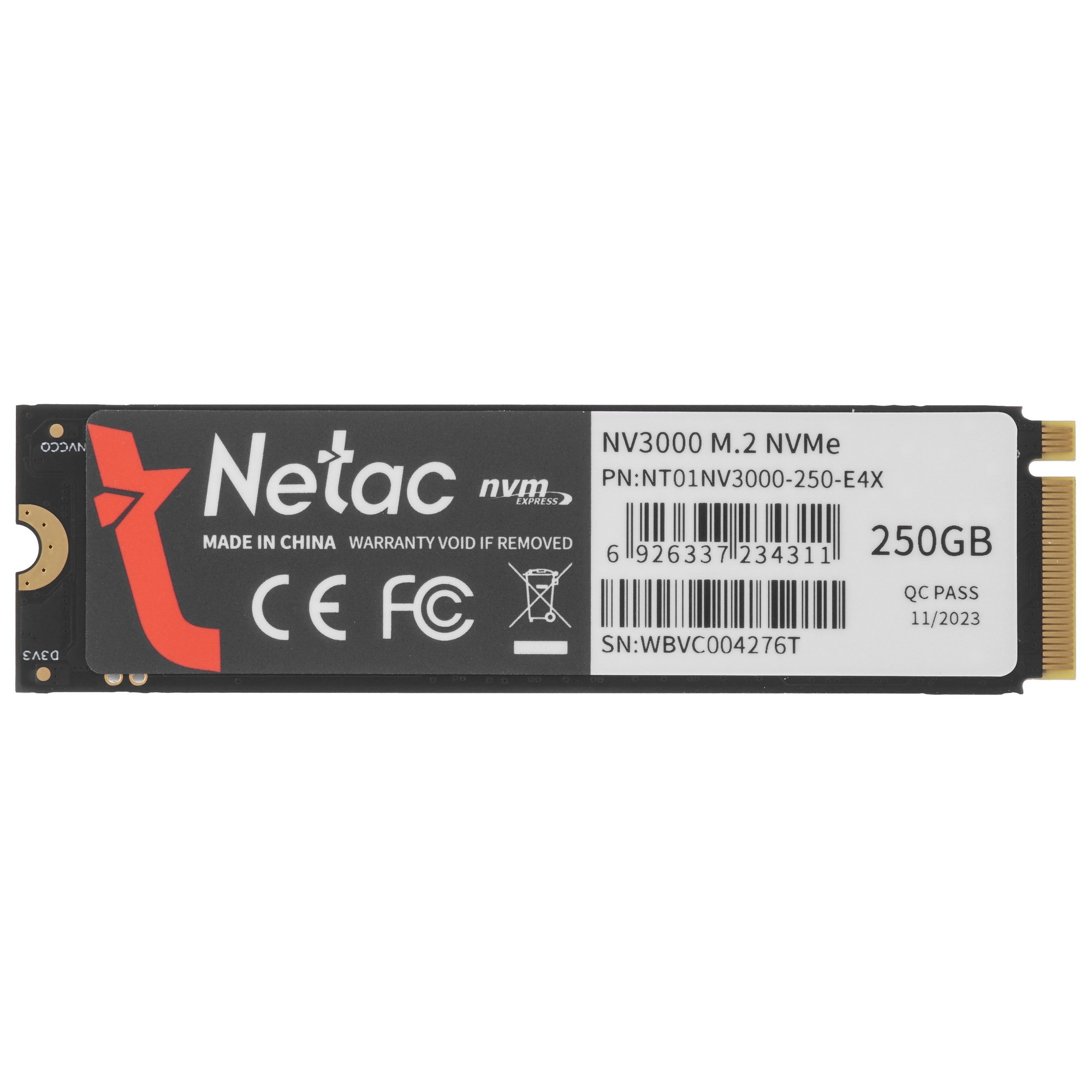 Накопитель SSD Netac NV3000, 250GB, PCIe 3.0 x4, M.2 2280, NVMe, R/W 3000/1400