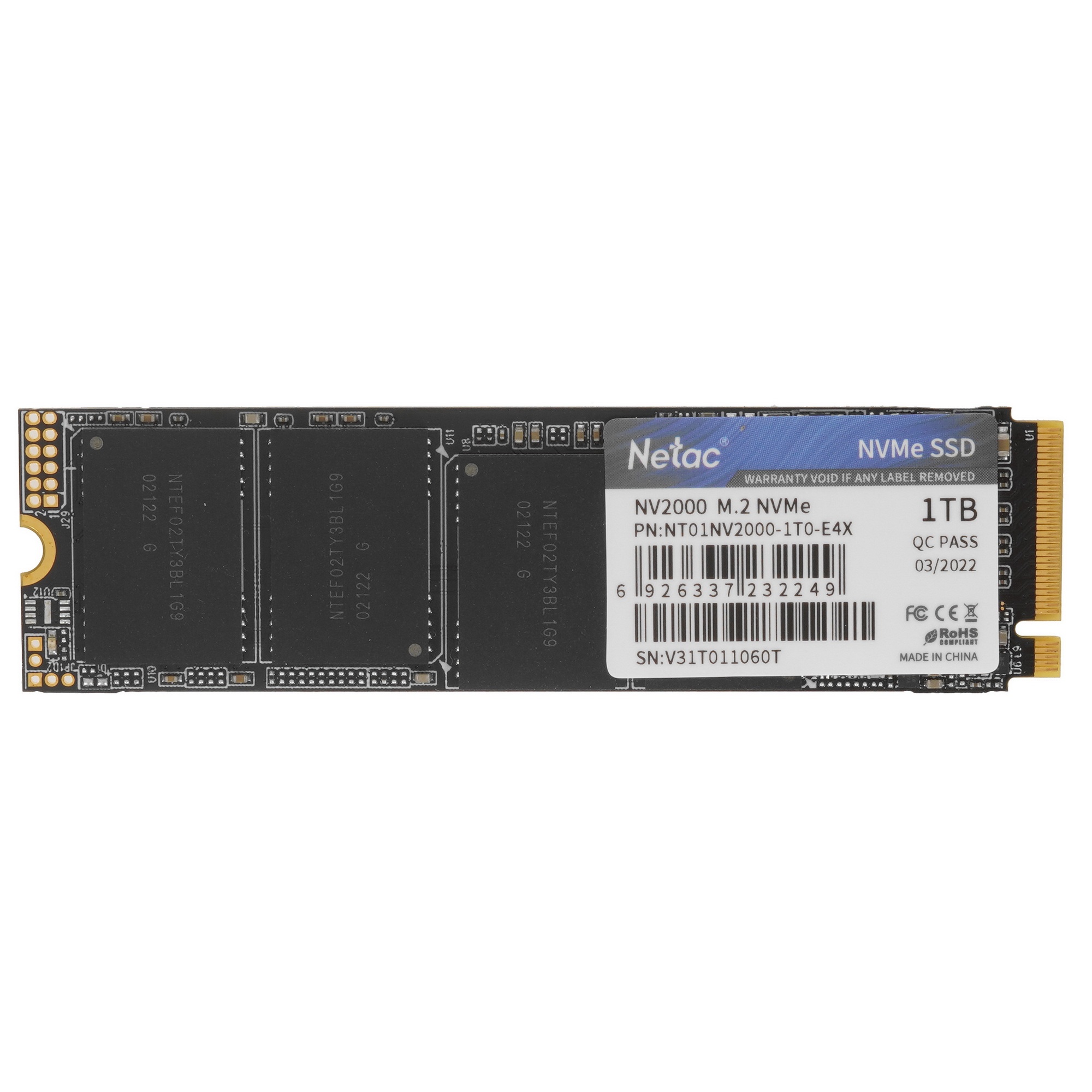 Накопитель SSD Netac NV2000, 1TB, PCIe 3.0 x4, M.2 2280, NVMe, R/W 2500/2100