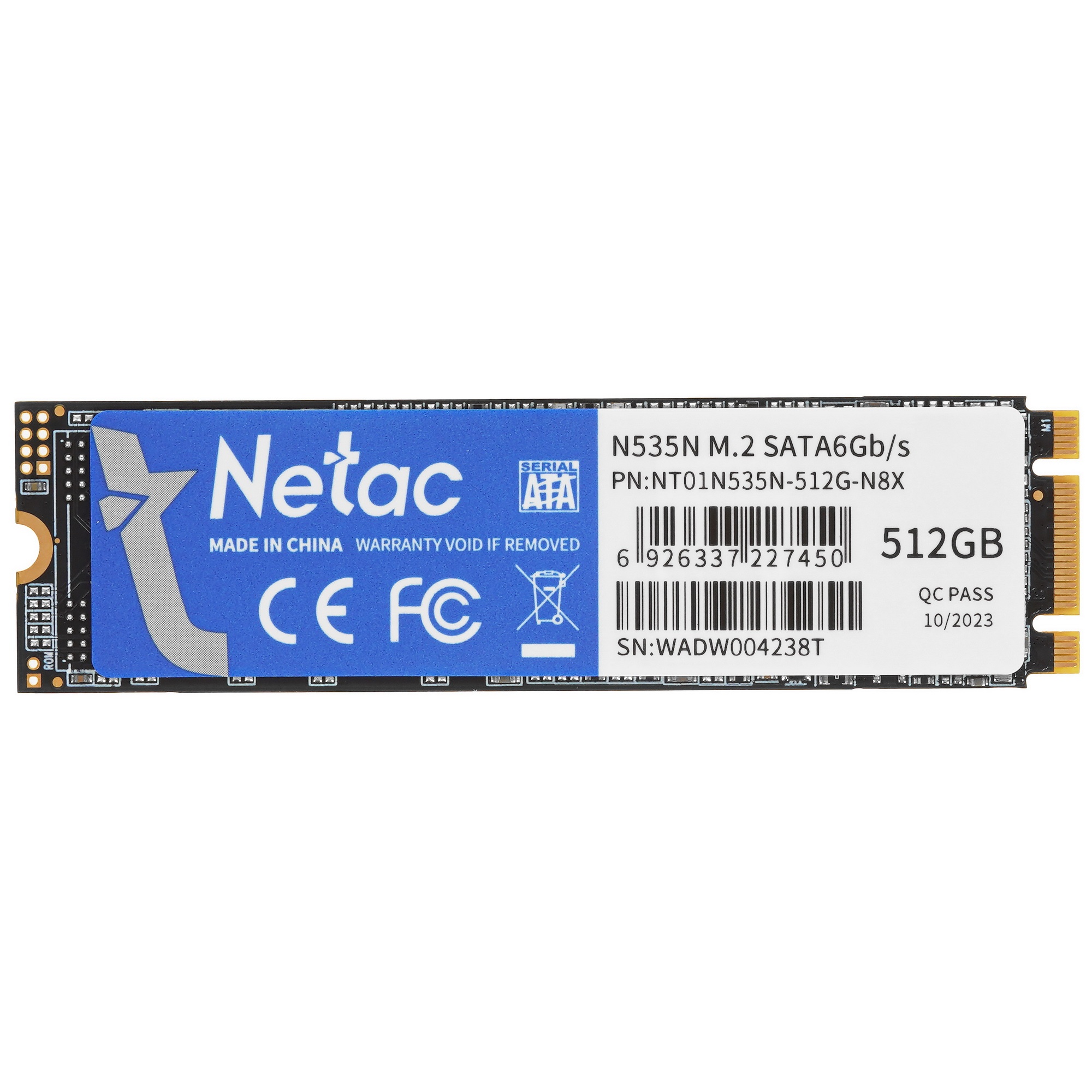 Накопитель SSD Netac N535N, 512GB, M.2 2280, SATA-III, R/W 540/490