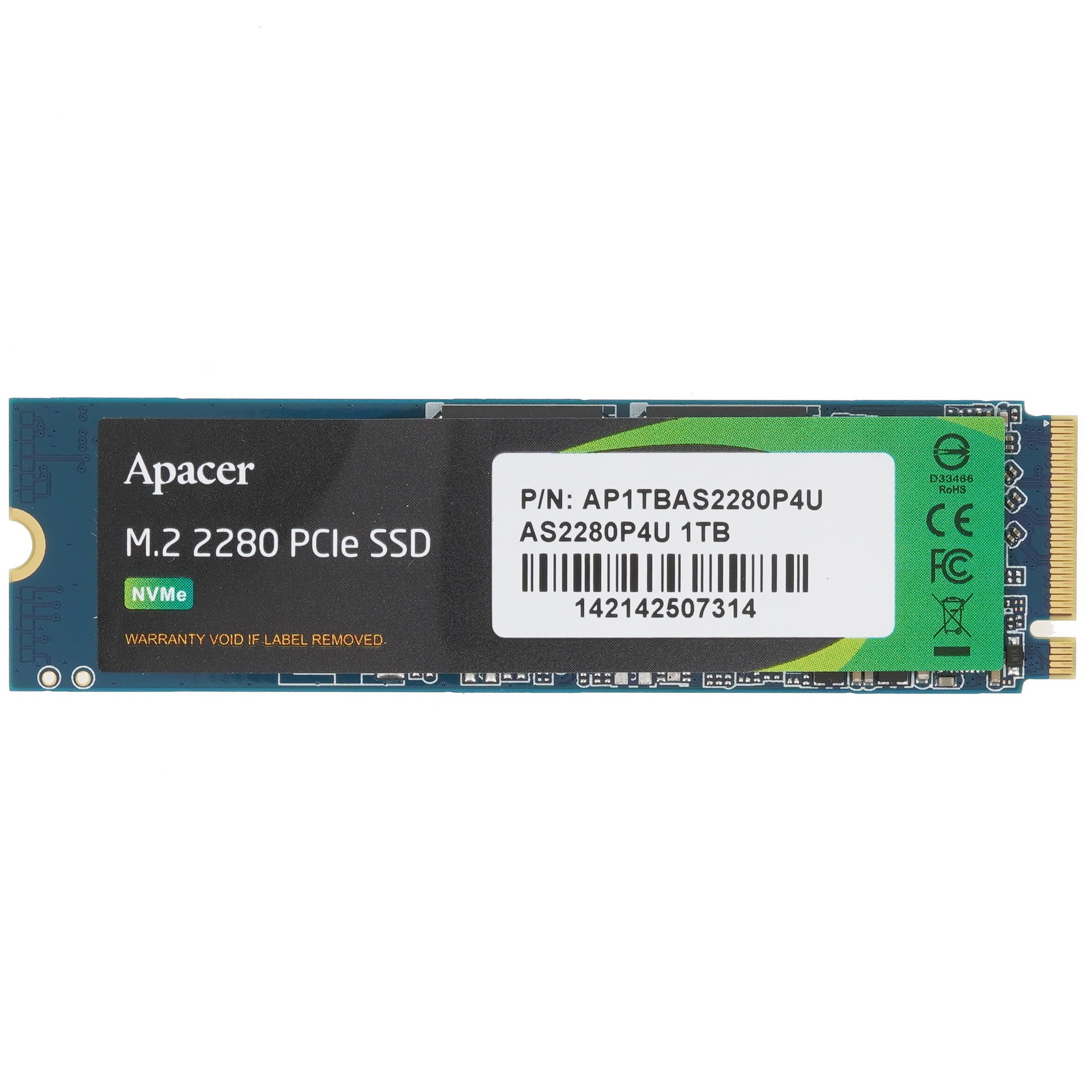 Накопитель SSD Apacer AS2280P4U, 1Tb, M.2 2280, PCIe 3.0 x4, NVMe, R/W 3500/3000