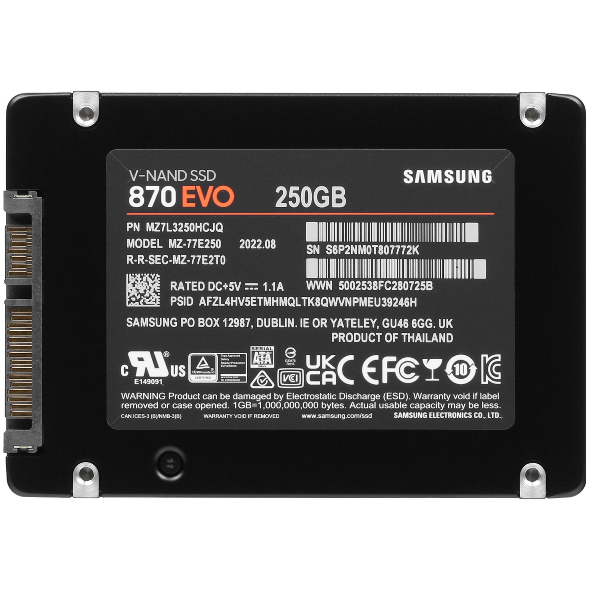 Накопитель SSD Samsung 870 EVO, 250GB, SATA III, 2.5", R/W 560/530