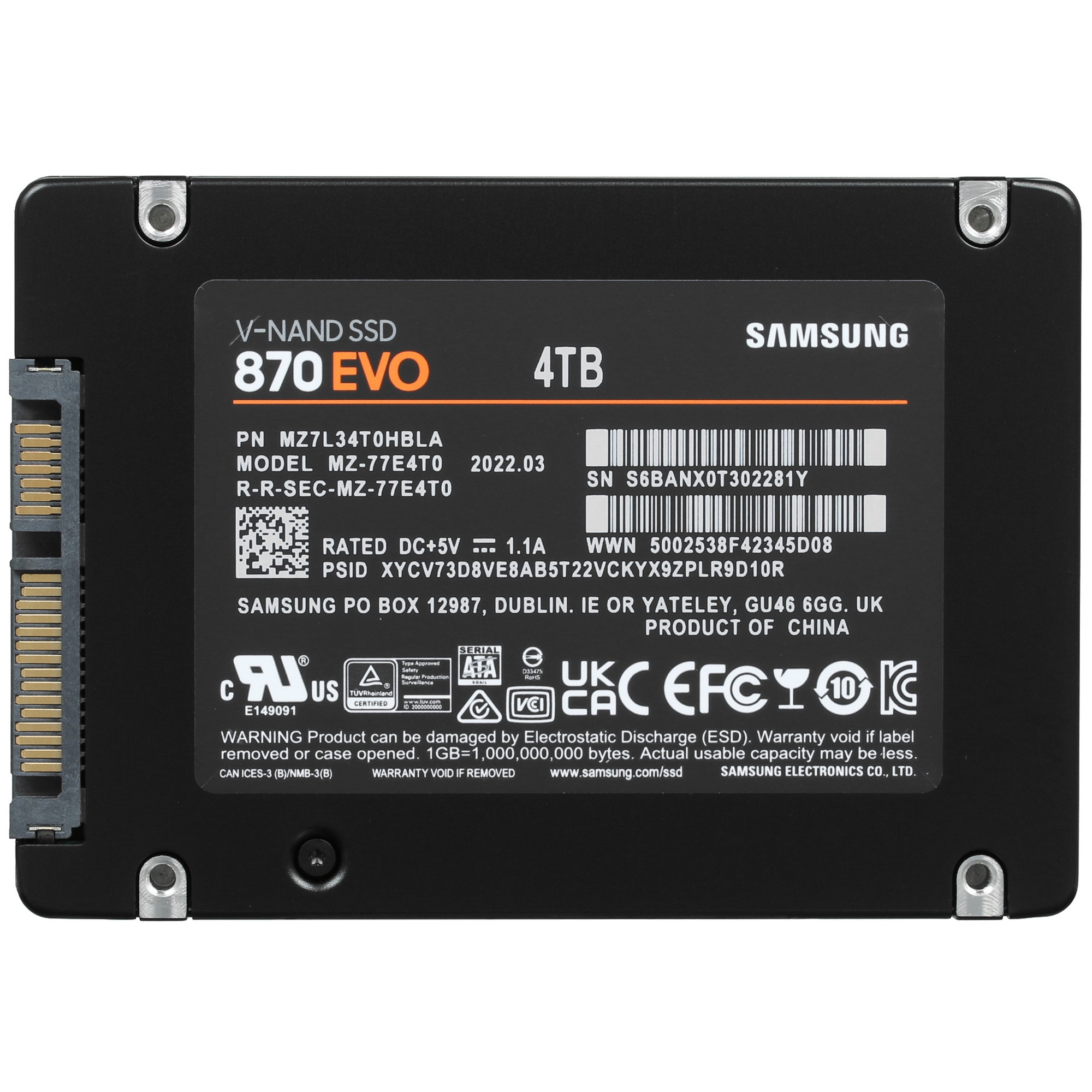 Накопитель SSD Samsung 4TB 870 EVO, V-NAND, 2.5", SATA III, [R/W - 530/560 MB/s]