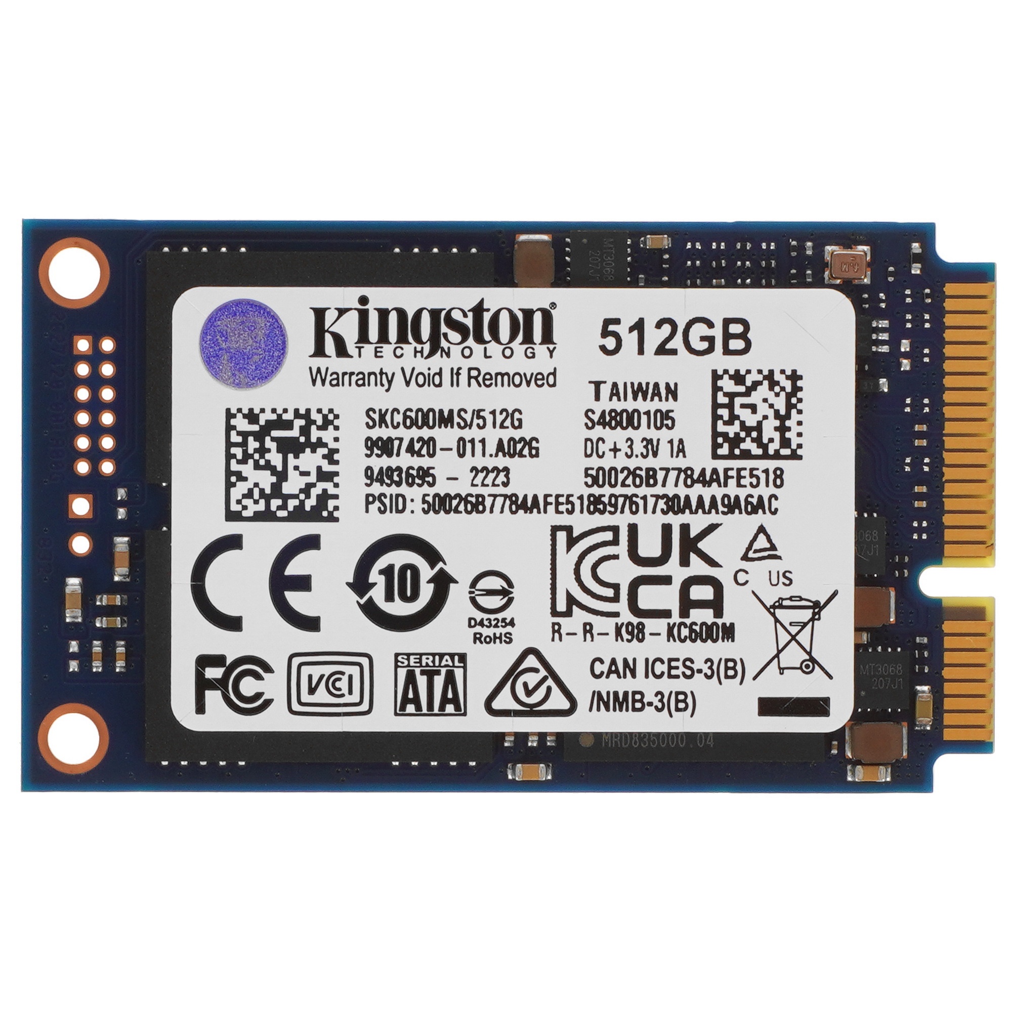 Накопитель SSD Kingston KC600, 512GB, mSATA, R/W 550/520