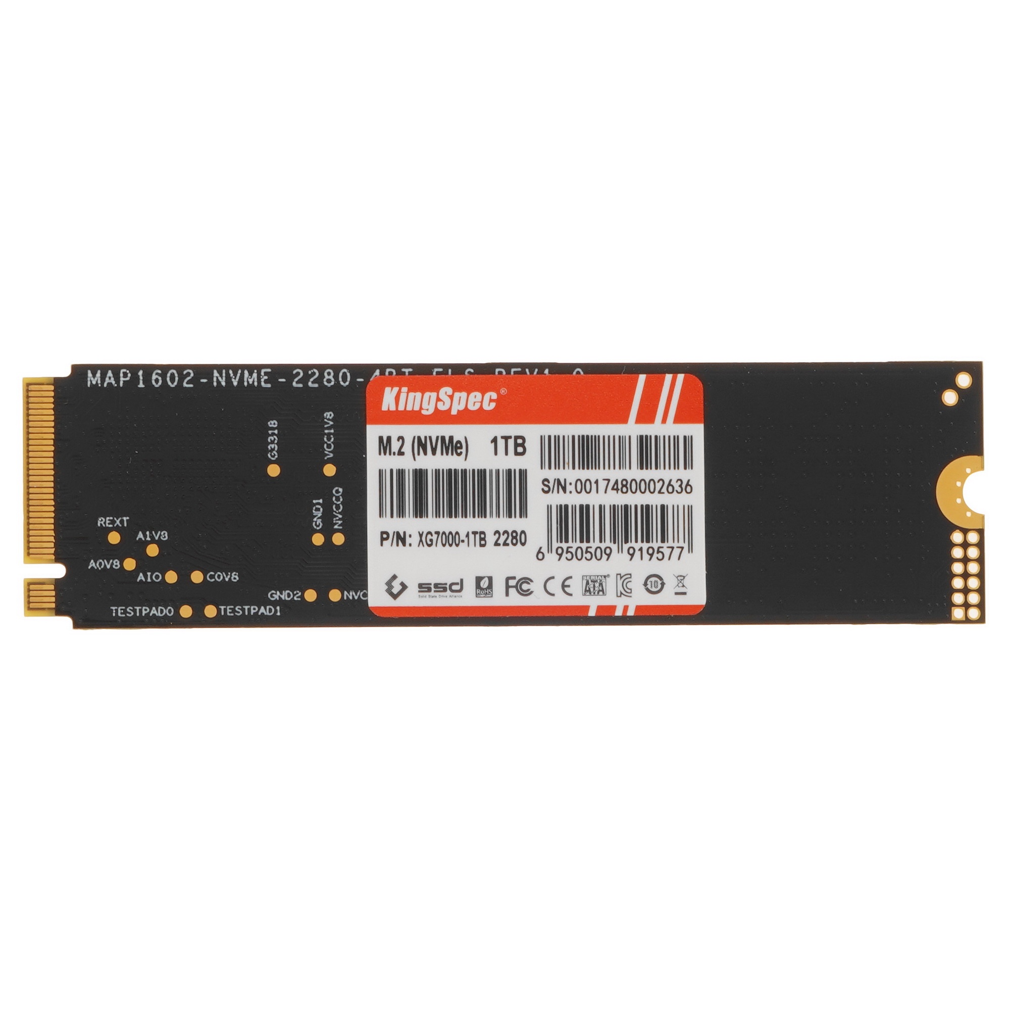 Накопитель SSD KingSpec XG7000, 1Tb, PCIe 4.0 x4, M.2 2280, NVMe, R/W 7400/6600