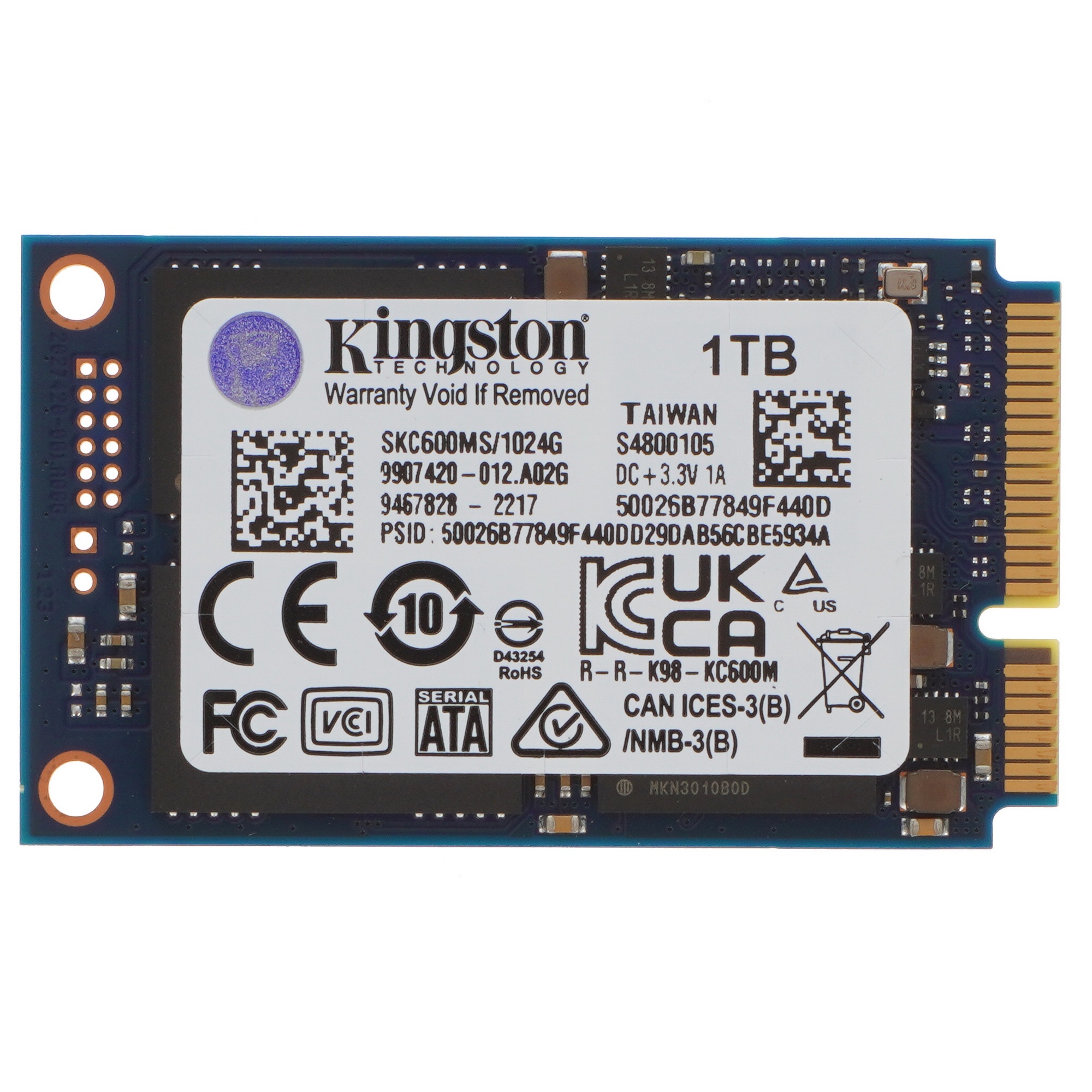 Накопитель SSD Kingston KC600, 1024GB, mSATA, R/W 550/520