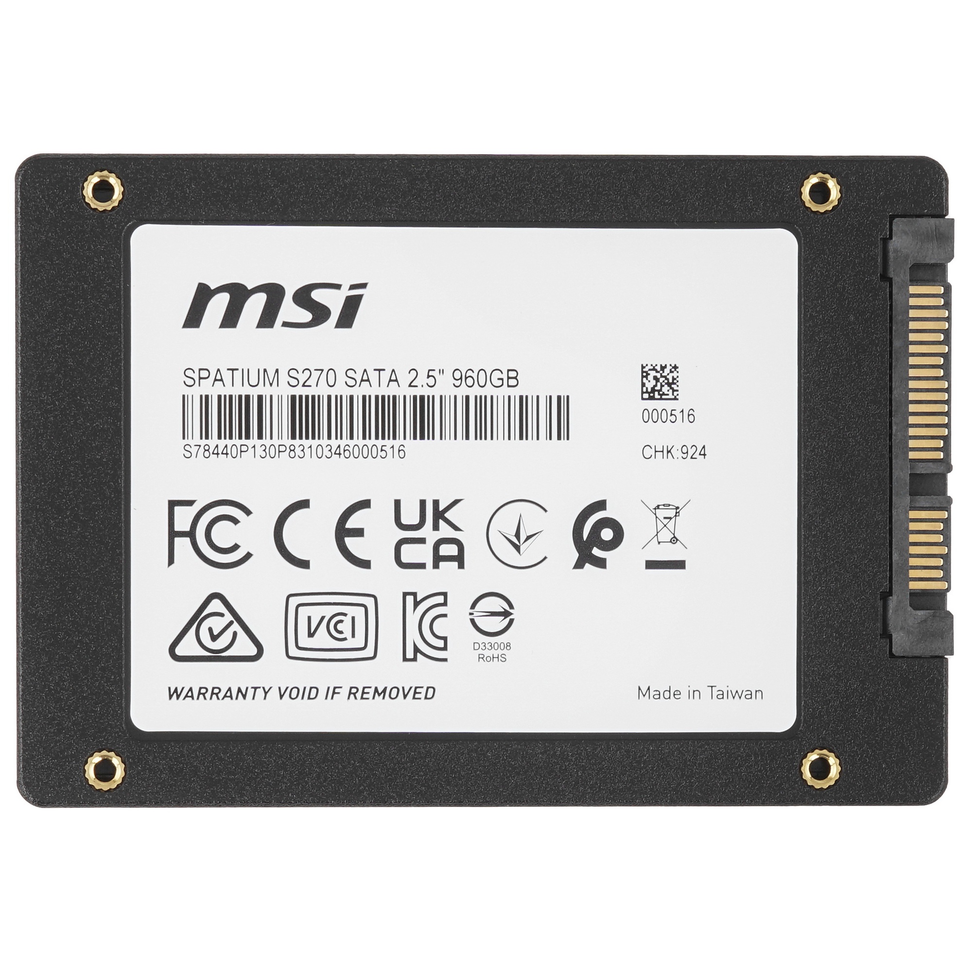 Накопитель SSD MSI SPATIUM S270, 960GB, 2.5", SATA III, R/W 500/450