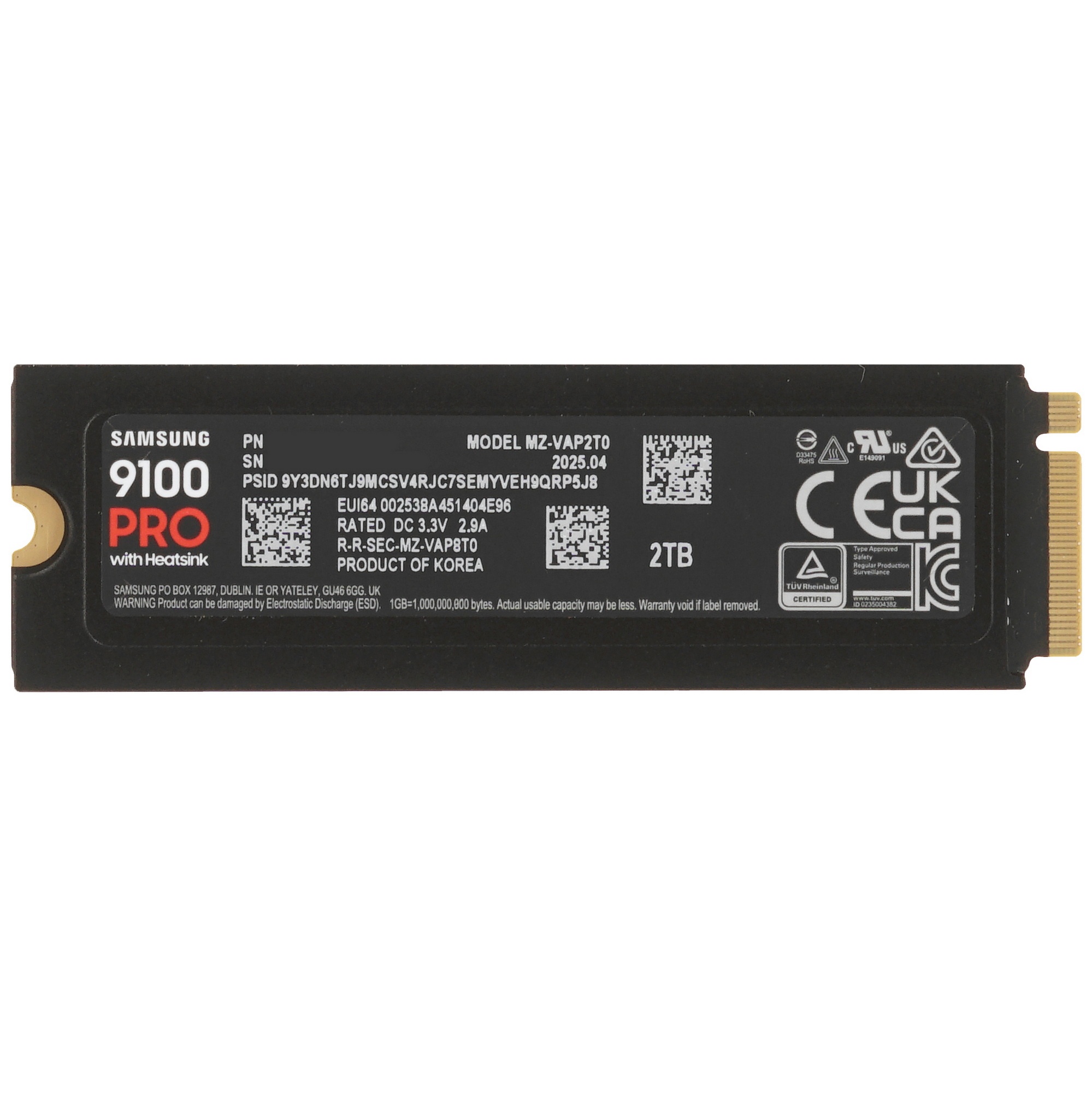 Твердотельный диск 2TB Samsung 9100 PRO, M.2, PCI-E 5.0 x4, TLC 3D NAND [R/W - 14800/13400 MB/s] с р