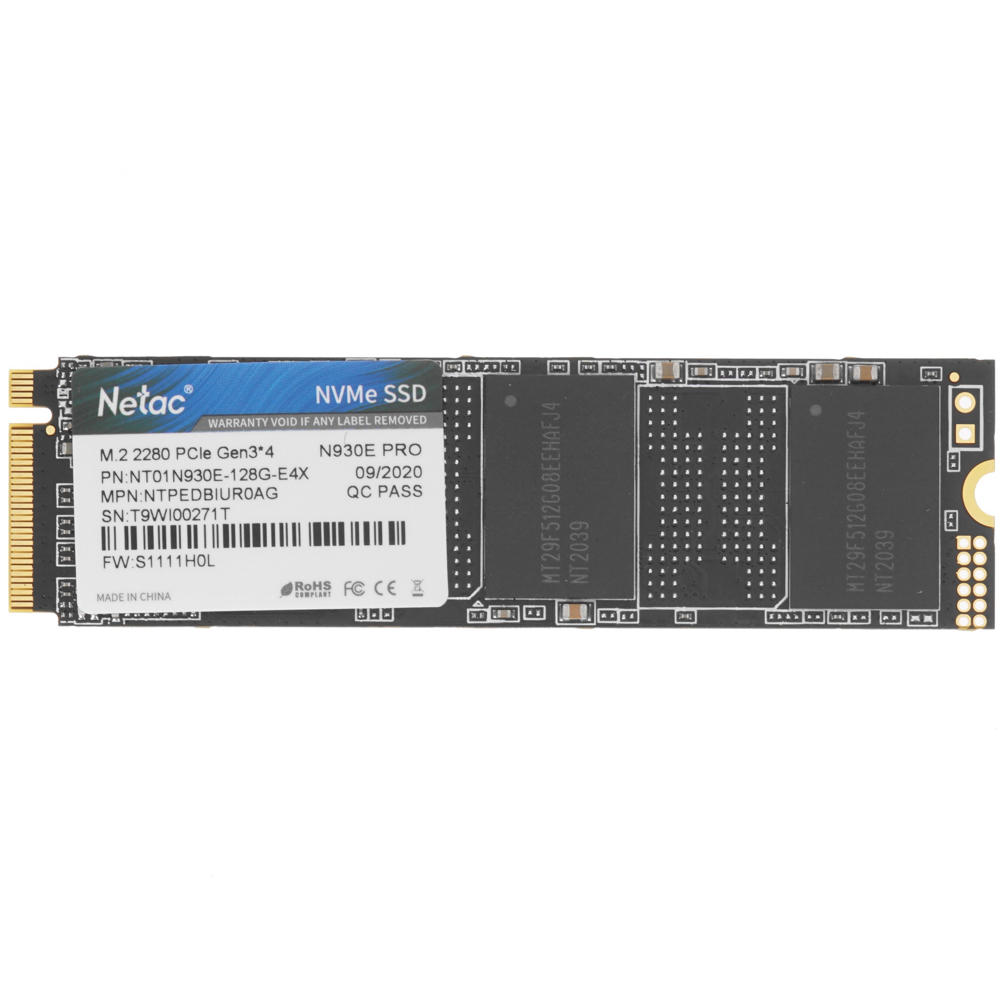 Накопитель SSD Netac N930E Pro, 128GB, PCIe 3.1 x4, M.2 2280, NVMe, R/W 970/650
