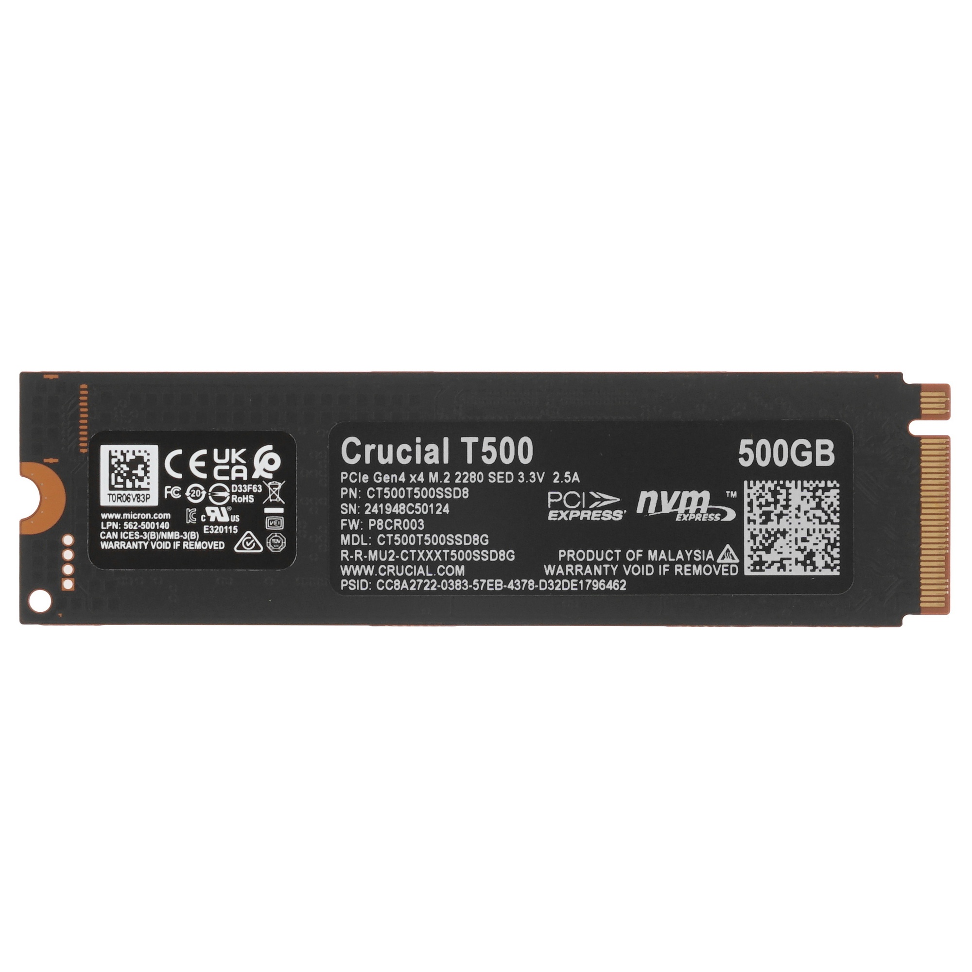 Накопитель SSD Crucial T500, 500Gb, M.2 2280, PCIe 4.0 x4, NVMe, R/W 7200/5700