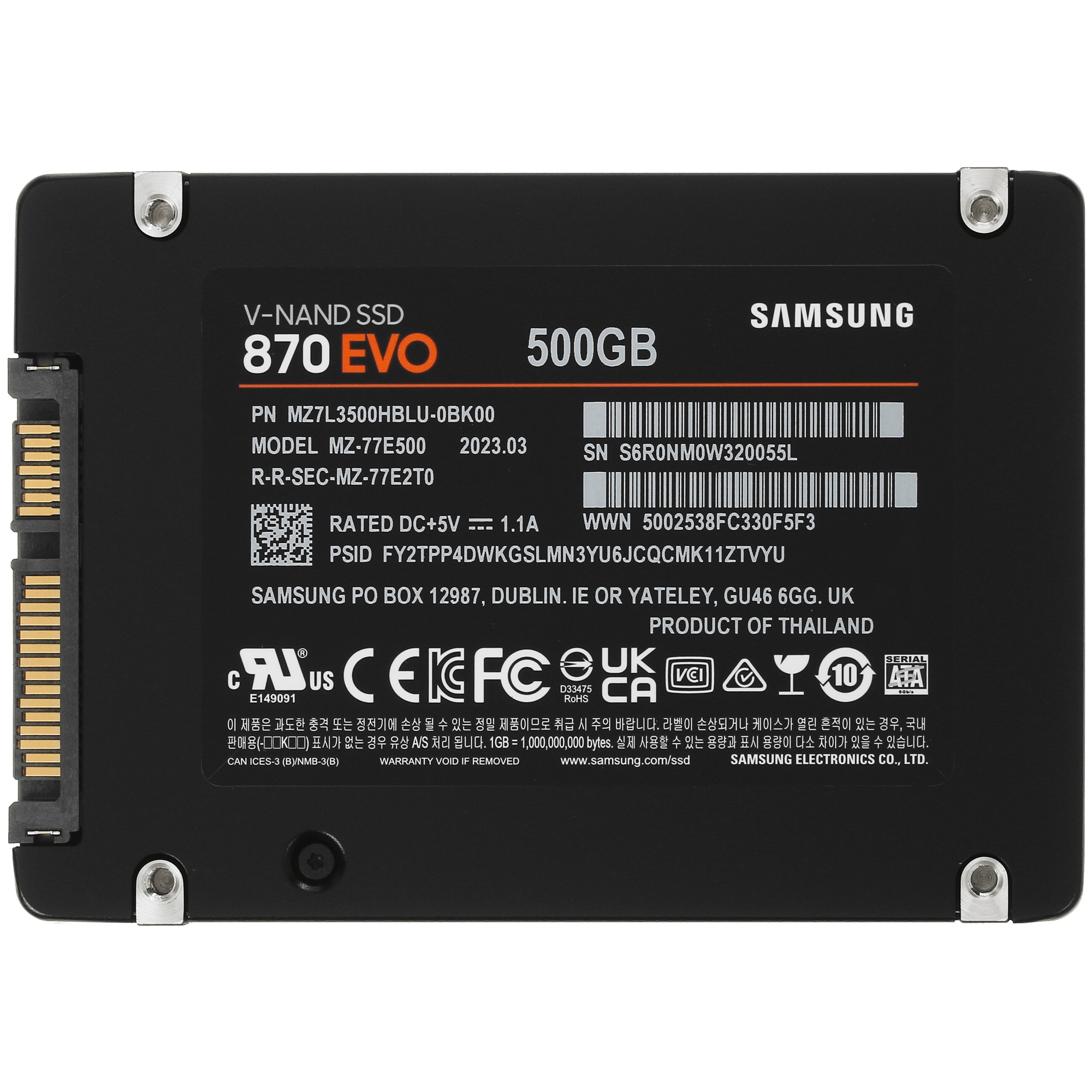 SSD SAMSUNG 870 EVO 500Гб Наличие SATA 3.0 3D NAND Скорость записи 530 Мб/сек. Скорость чтения 560 М
