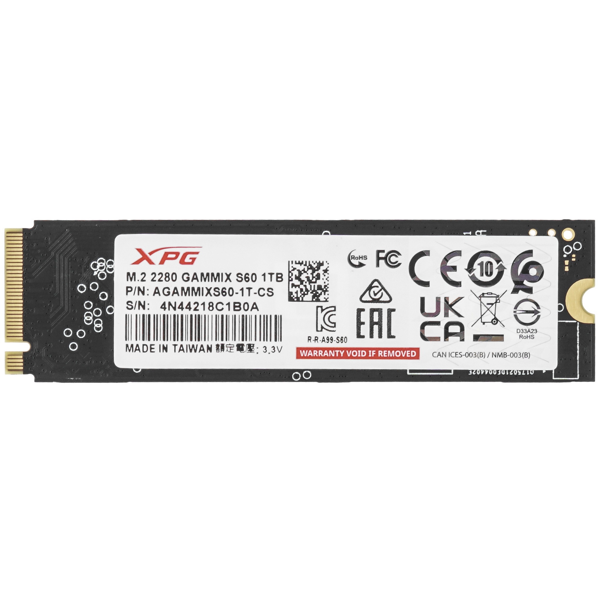 Накопитель SSD ADATA XPG GAMMIX S60, 1Tb, PCIe 4.0 x4, M.2 2280, NVMe, R/W 5000/3200, с радиатором