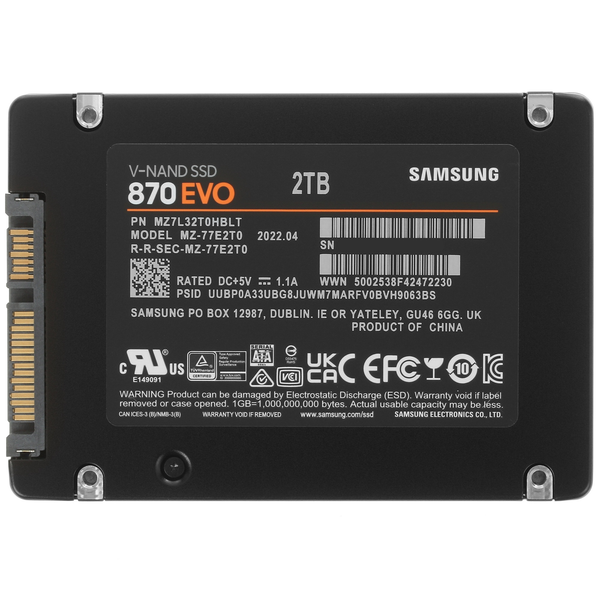 Накопитель SSD Samsung 870 EVO, 2TB, SATA III, 2.5", R/W 560/530