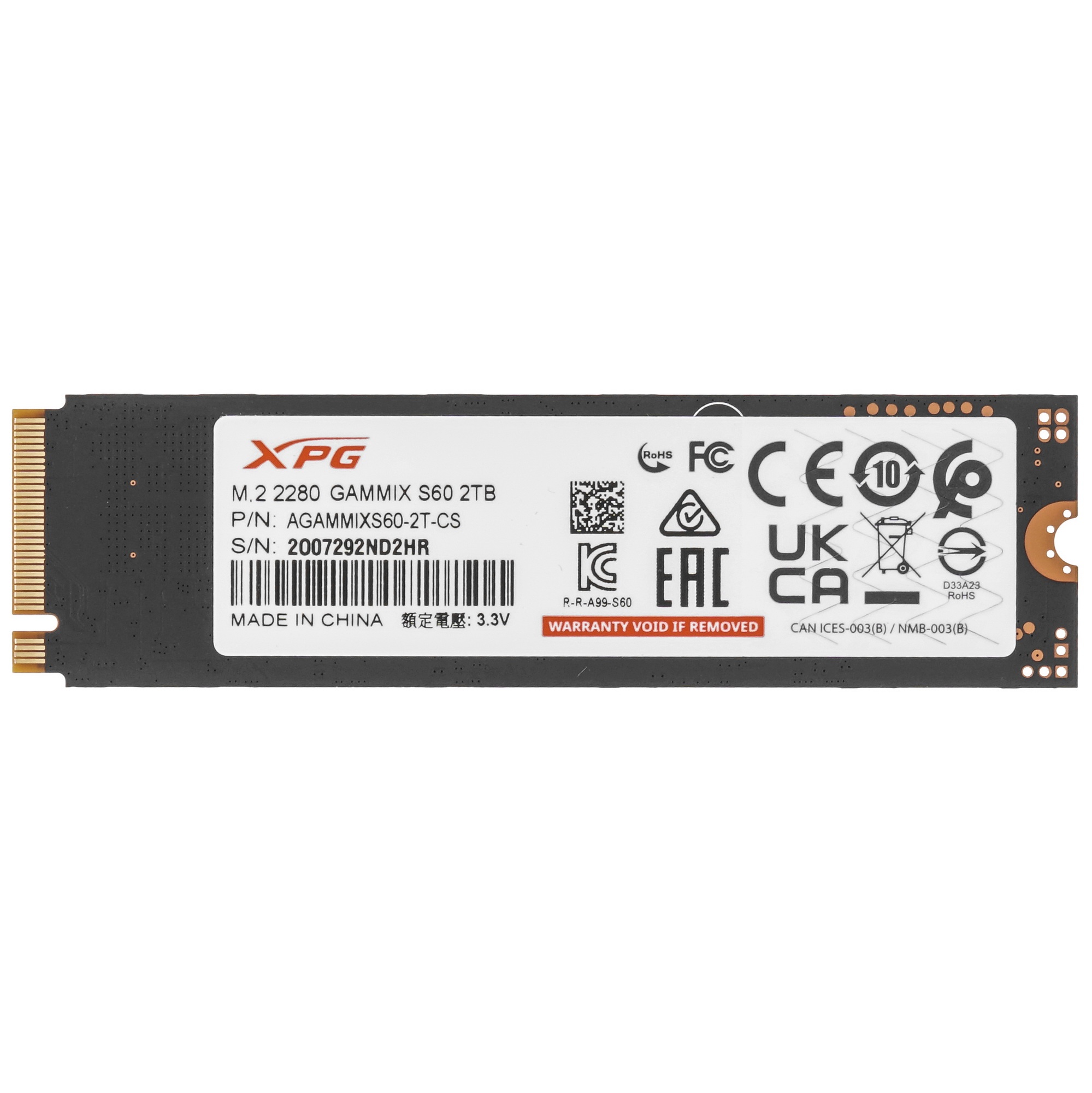 Накопитель SSD ADATA XPG GAMMIX S60, 2Tb, PCIe 4.0 x4, M.2 2280, NVMe, R/W 5000/4200, с радиатором