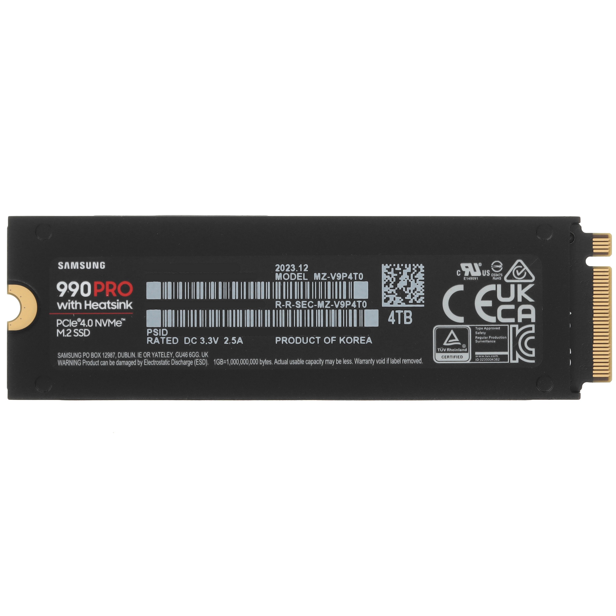 Накопитель SSD Samsung 990 Pro MZ-V9P4T0CW, 4Tb, PCIe 4.0 x4, M.2 2280, NVMe, R/W 7450/6900, с радиа